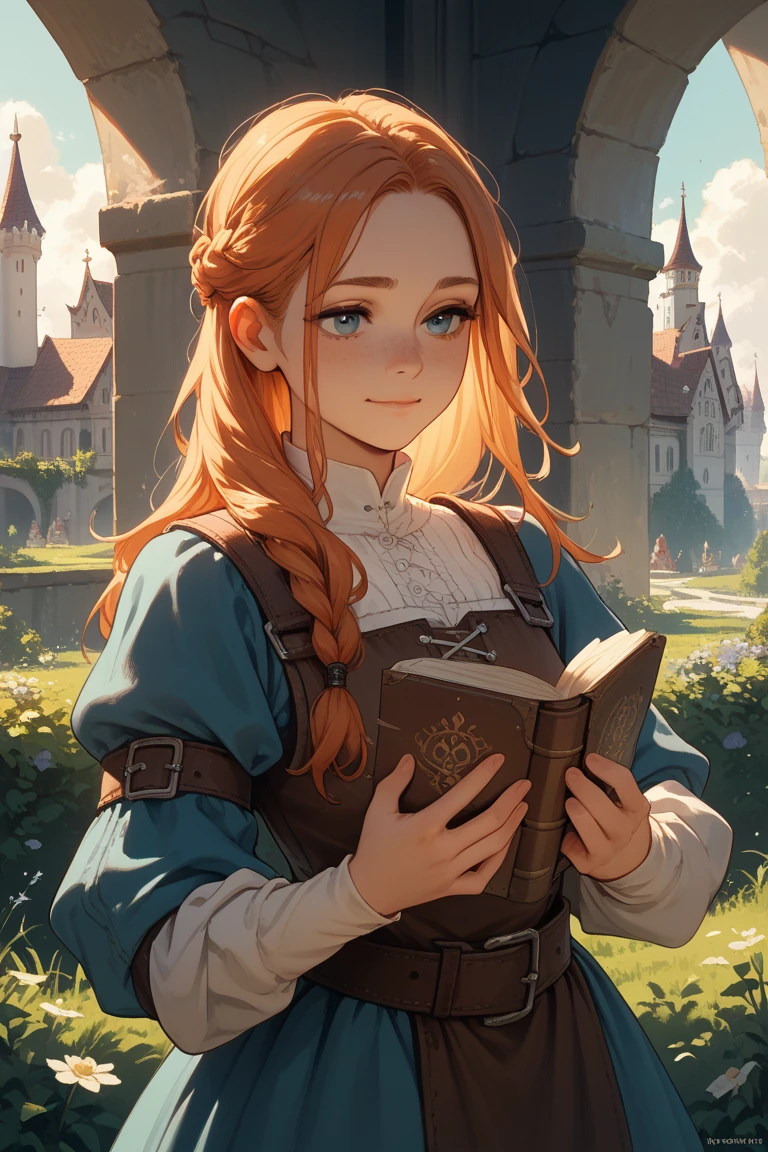 score_9, score_8_up, score_7_up, (realistic:0.6), victorian,
1girl, ginger long hair, braid, blue eyes, pale white skin, petite body, small round breasts,
cute, adorable, (smile:0.5),
hairclips, white blouse frilled, black skirt, pure-white stockings,
book in hand,
shadows, hard shadow, thick outlines, (abstract background, intricate background:1.2), point and line in background, clouds, bright colors, high contrast, vivid lighting, bloom,
rating_questionable