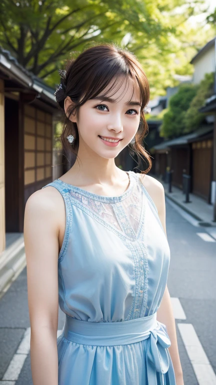 highest quality, figure, super detailed, finely, High resolution, 8k wallpaper, perfect dynamic composition, beautiful and fine eyes, patterned dress, middle of chest, ナチュラルカラーリップ, ランダムでセクシーなポーズ, smile, anatomically correct