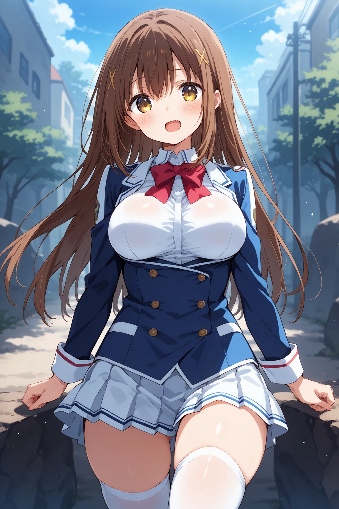 masterpiece, Highest quality, 1 person,( Large Breasts,Are standing, View your viewers,),Detailed Background、A person who writes in detail、Accurate human body、Knowledgeable person、Accurate 5 fingers,Mature Woman,Thick thighs,Curvy Body,明日香,blue eyes,very long hair,brown hair,black pantyhose,red necktie,pleated skirt,long sleeves,blue jacket,((Absolute area)),