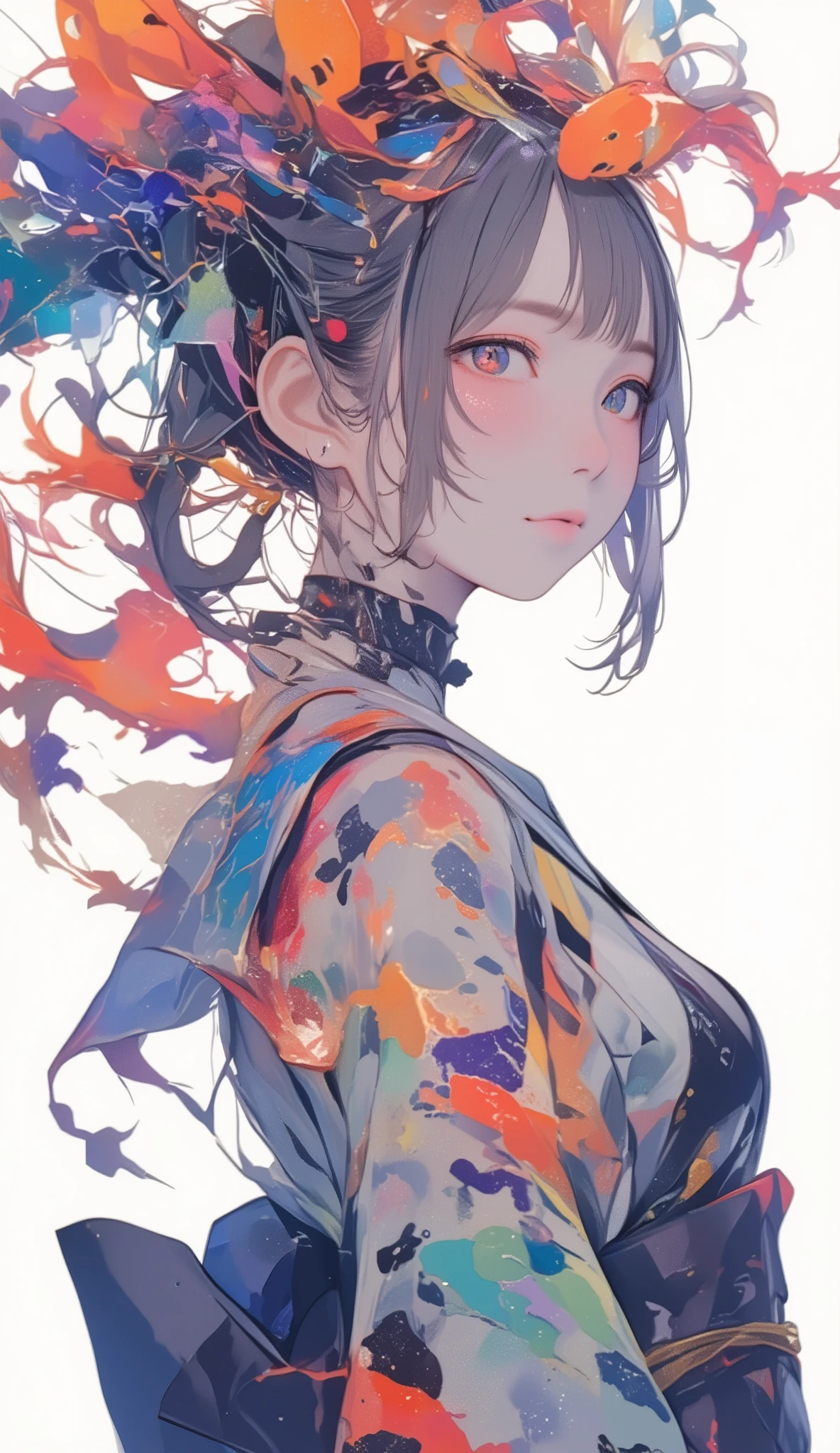 beautiful milky glass body 、 cute and beautiful Japanese woman's design that converges into kimonos and hair shapes 、 colorful paint pouring down from the atmosphere that converges into kimonos and hair shapes gathers for women、Converges to the shape of a kimono or hair、 colorful paint in the shape of a Nishikigoi swimming through the air 、 captivating viewers 、 white background