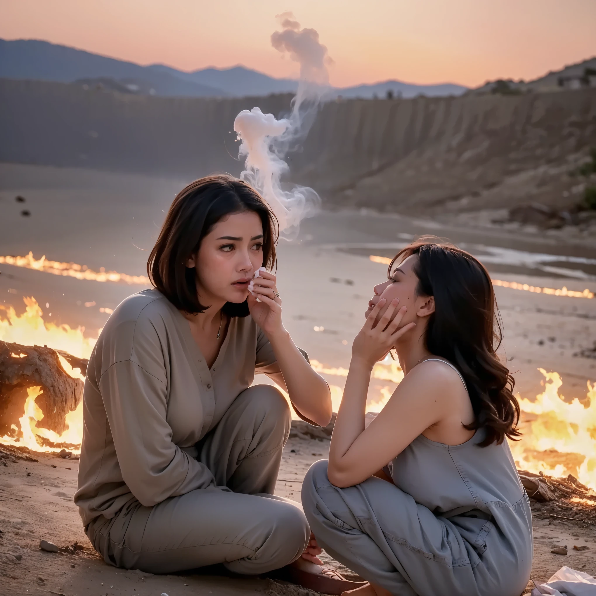 A bare naked female sit on their knees along with the sadness on the face, war scene, fire smokes everywhere, dead bodies of warriors spread everywhere, smoke bombs, tears, red sad sky, background dark red, hopeless, cinematic art effects, 8K rendered by AMD FidelityFX Super Resolution 3.