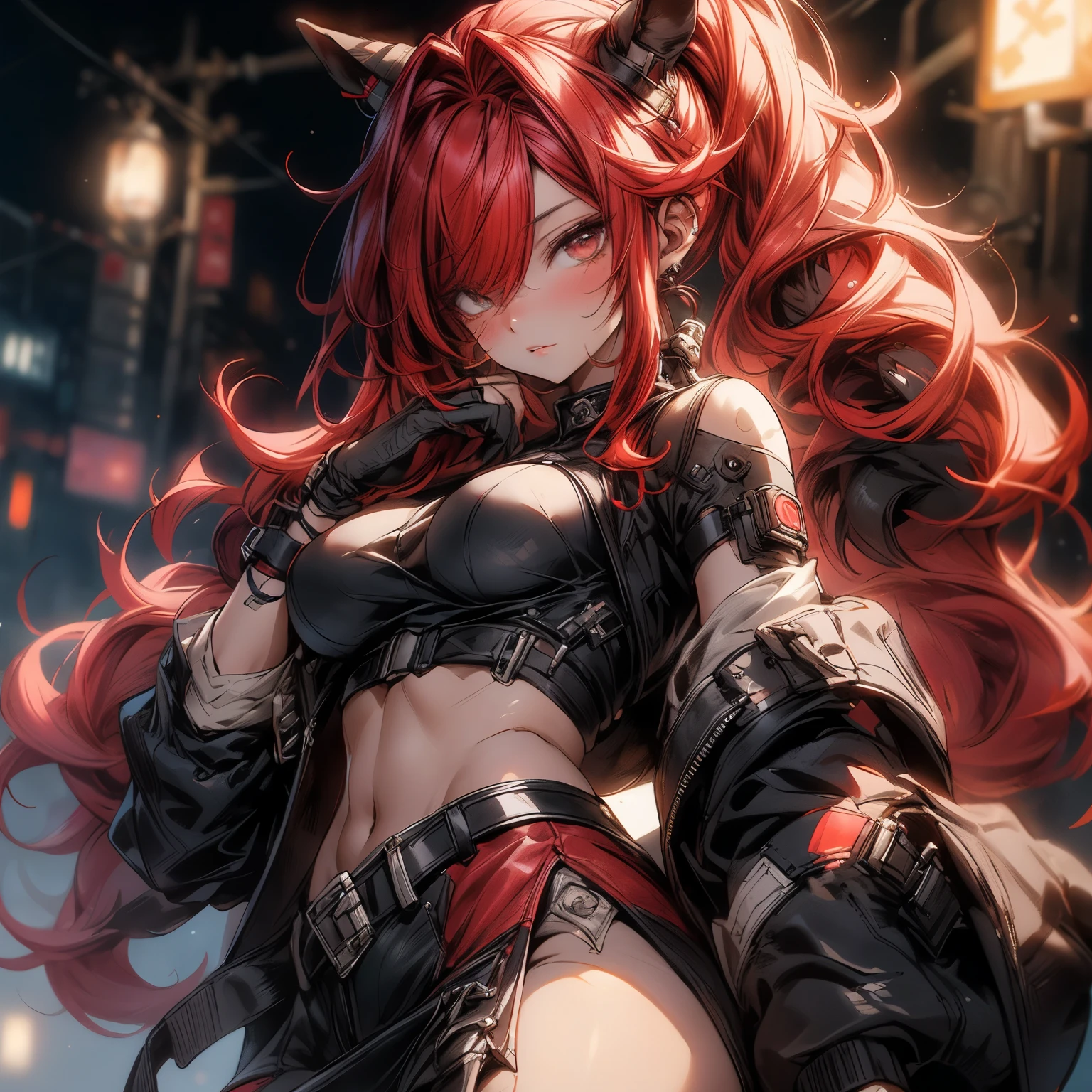 1 girl, solo, fancy belt, orange hair, emerald eyes, gorgeous black armour, dragon-themed armour, bodystocking, sideboob, crazy look, psychopath expression, looking at viewer