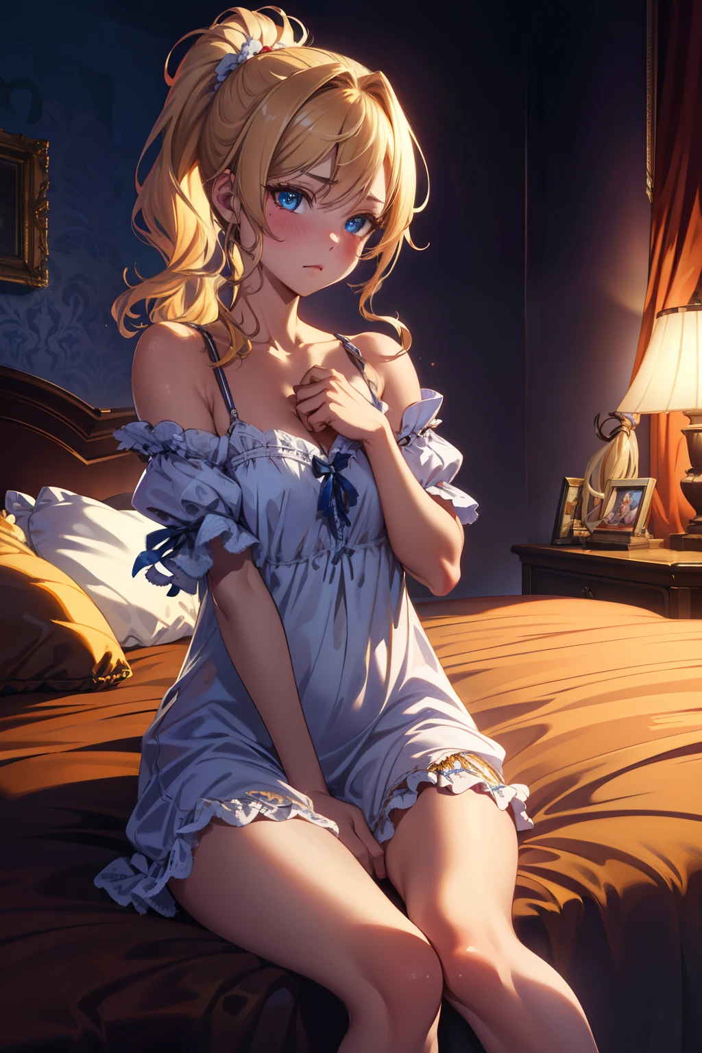 Anime girl in a blue dress sitting on a bed（ayase eli) - SeaArt AI