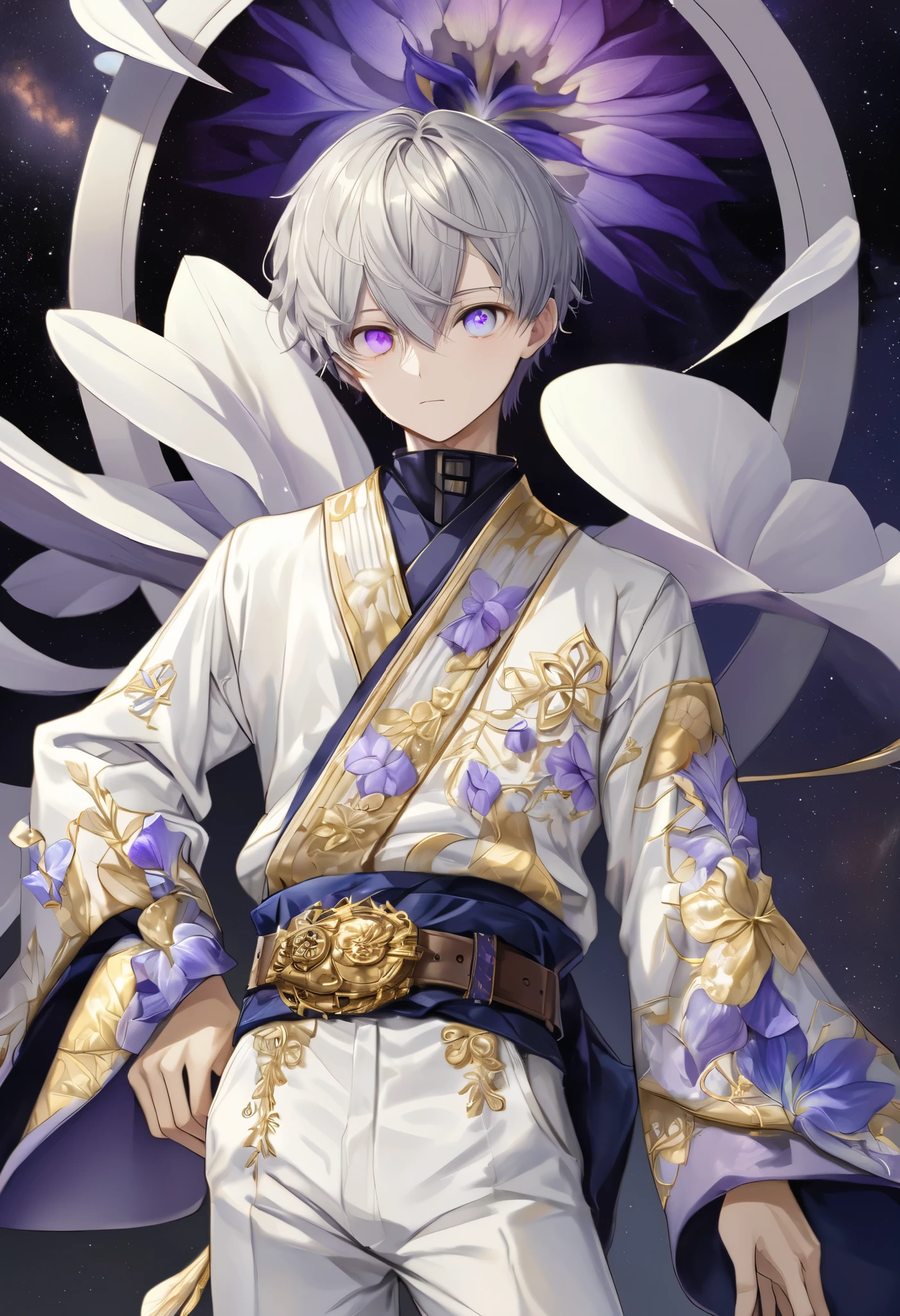 fresh illustration ,
Superfine painting,
very delicate illustration ,
Very fine details ,
1 boy ,
(( standing))
Height: 158cm,
Beige Skin,
((The iris of the right eye is purple and the iris of the left eye is light blue))
((Complete iris heterochromia )),
beautiful eyes,
large black pupils ,
short hair,
Gray Hair,
hair roots are bluish ,
The hair has gradation ,
shiny hair with makeup,
Beautiful and pretty face,
Cheeks are ruddy,
The small rear wheel that shines brightly floats above my head,
raised eyebrows ,
and is wearing a kimono on the upper body in kimono,
Six Pack,
lower body Nadres ,
The color of the belt is black ,
Overall white clothes ,
belt is tastefully embroidered with gold thread,
The flower pattern costume ,
fine fabric clothing ,
thin waist,
Isometric,
Golden Ratio,
god々 like atmosphere,
The undershirt is indigo-colored with a stand-up collar,
outer space ,
Milky Way,
Little Star々 upper body ,
tactical use of shadows ,
rings of the head and hair do not stick out of the angle of view,
Clothes don't stick out of the angle of view ,
body orientation is symmetrical ,
Clothes are symmetrical,
facing the front,
( Bust Shots),