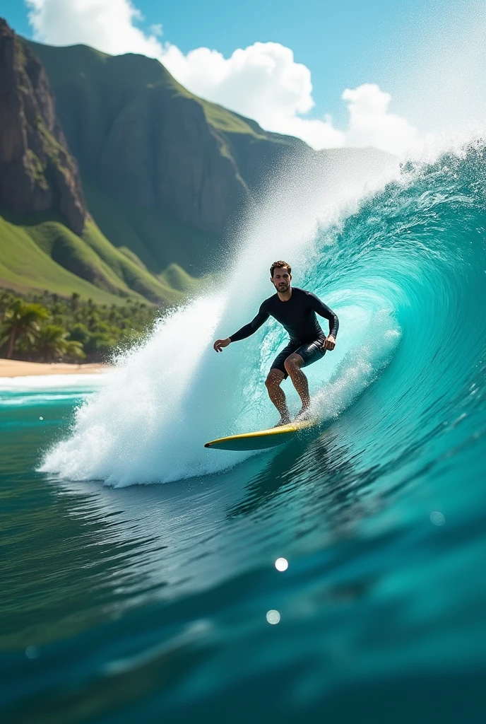 "An ultra realistic surfer, focusing on the face, very sharply captured in a cinematic moment, sliding on a big wave. The image has a subtle camera blur that gives a sense of movement and dynamism. The sky is a vibrant blue, with rays of light passing through the clouds and reflecting on the water, creating a dazzling effect. The scene is full of energy, with the surfer at the center of the action, in perfect harmony with the power of the ocean."



