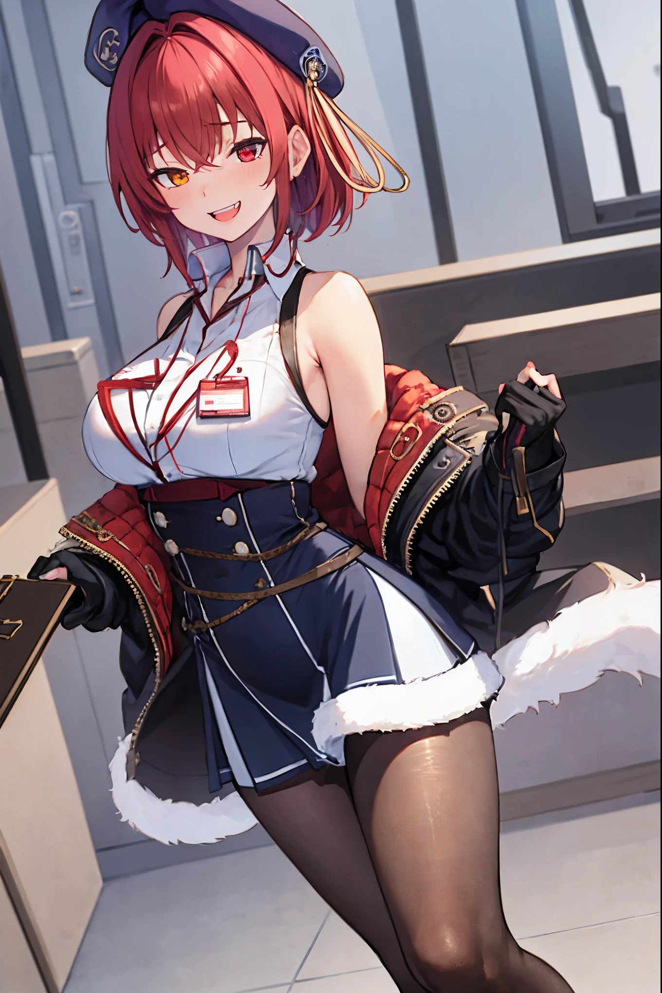 ((Masterpiece)), (Best Quality), marine_beret, Collared_White_Shirt, Sleeveless, High-waisted Skirt, Pantyhose, Blue Jacket, Fur Embellishment, Fingerless Gloves, ID Card, Solo,marine_officer,, black pantyhose, black gloves, thigh boots, beret,houshou_marine,heterochromia, orange eyes, yellow eyes,open_mouth,big_smile,fang,gigantic_breasts,,office_landscape,red_short_hair,(plump:0.7),grin,open_mouth,tongue,