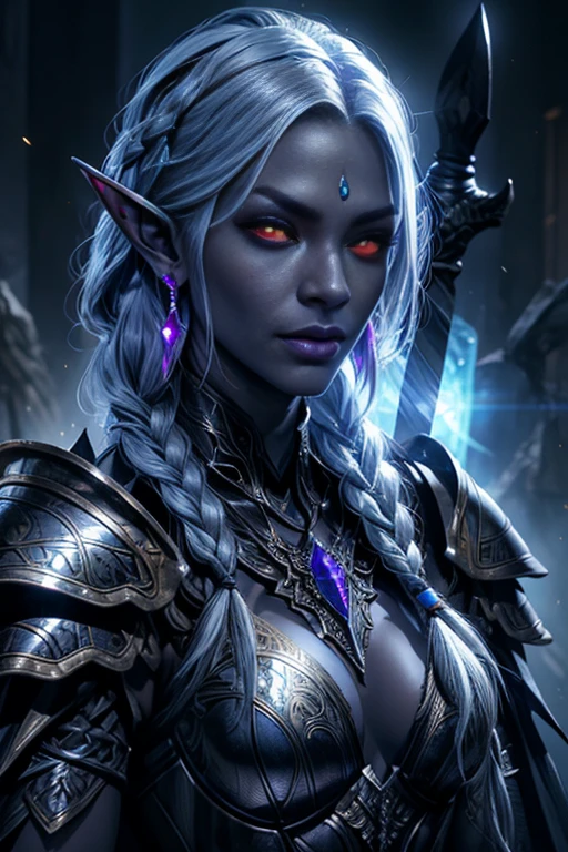 ((masterpiece, best quality)), (extremely detailed CG unity 8k wallpaper), sharp focus, high definition RAW color photo, photorealistic artwork:1.37, realistic style, SFW, solo, (( girl )), dark elf, Rogue/Sorceress, purplish hued (grey skin, grey colored skin), shiny skin, BREAK, short hair, ponytail, Calico hair, two-tone hair, (((black, silver and black multicolor hair))), silver hair (AND) black hair, Two-tone Multicolor hair, BREAK, forehead, (sparkling eyes, dark purple eyes), (clear all white sclera), double eyelids, eyelashes, well defined eyes, beautiful eyes, perfect eyes, upturn eyes, upturn brows, (very small breasts), anatomically correct, beautiful hands, perfect fingers, BREAK, Attire: Drow style, black soft leather armor, black silk double sided split skirt, short black cape, wielding obsidian dagger, earrings, BREAK, Area setting: Dark setting, Epic fantasy style, Bokeh, blurred background, a deep underground cavern, determined expression, Dynamic Pose, Cowboy shot view, Low lighting, ambient, soft glow, luminescent rocks, crystals, bioluminescent mushrooms, Bokeh background,