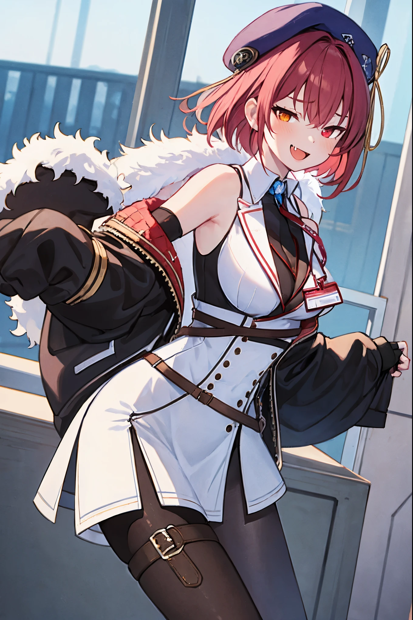 ((Masterpiece)), (Best Quality), marine_beret, Collared_White_Shirt, Sleeveless, High-waisted Skirt, Pantyhose, Blue Jacket, Fur Embellishment, Fingerless Gloves, ID Card, Solo,marine_officer,, black pantyhose, black gloves, thigh boots, beret,houshou_marine,heterochromia, orange eye, yellow eye,open_mouth,big_smile,fang,big_breasts,,office_landscape,red_short_hair,(plump:0.7),grin,open_mouth,tongue,