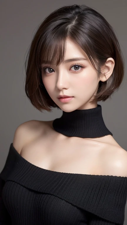 (((Face close-up)))、(((Brown, shoulder-length, straight short bob)))、(((She is posing like a model at a hair salon., Indoors, against a black wall.)))、(((Casual black winter long sleeves covering the shoulders)))、Half Japan, Half Korean、18-year-old girl、Independent、I'm looking forward to、Light eye makeup、Brown Hair Color、Flat 、Hair blowing in the wind、Quality of actress、Shiny, Ultra-realistic face、smile、Watery eye、look up、Subtle lighting effects、 Ultra-Realistic Capture、Very detailed、High resolution 16K human skin closeup。Skin texture must be natural、The detail must be such that the pores are clearly visible.、skin is healthy、Even Tone、Use natural light and color、Worn out, High quality photos taken by modeling agencies'In-house photographer.、smile、(((Sigma 300mm F/1.4,1/1000 sec shutter,ISO400)))