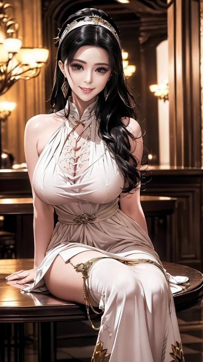 nsfw, 8k, best quality, highres, realistic, real person, A lewd queen oozing wealth and power, seducing her Western-style subordinates, sits gracefully on a richly decorated chair on a high platform. (((She crosses her legs and looks down at her subject with a sly smile))), embodying her blend of grace and cunning. The setting is a grand Western-style throne room that showcases the opulence of her kingdom. Big breasts, cleavage, long beautiful legs, beautiful legs, high heels, patent boots