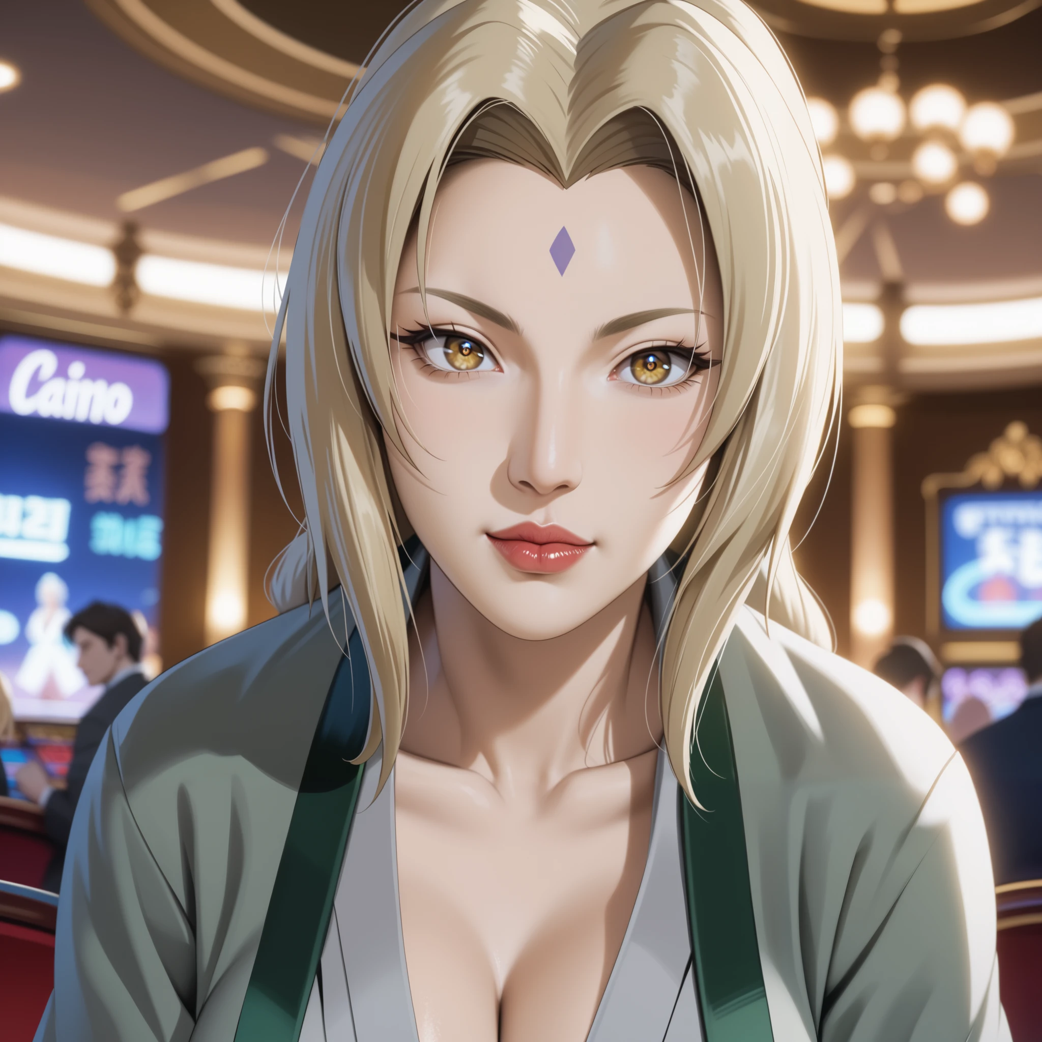 score_9,score_8_up,score_7_up,high res image,masterpiece,best quality,realistic,mature female,Tsunade,t5un4d3,Light yellow long hair,blue purple mark on forehead,light yellow thin short eyebrows,bright brown pupils,light red lips,dark green jacket,long sleeves,collarbone,grey kimono,blue obi,blue pants,(hanging breasts:1.1),(big breasts:1.2),(casino:1.3),(from_below:1.2),(wide_shot:1.2),(;d:1.2),