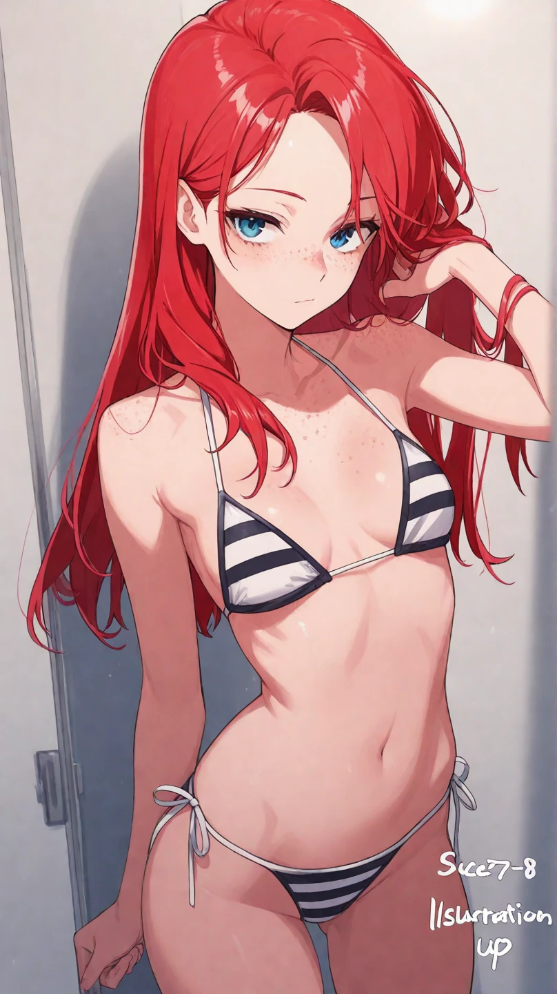 ((best quality)), ((masterpiece)), (detailed), NSFW, small breasts, prominent collarbones, skinny arms, flat stomach, visible hip bones, long hair, red hair, white hair, blonde hair, dark hair, ponytail, thick ponytail, heavy ponytail