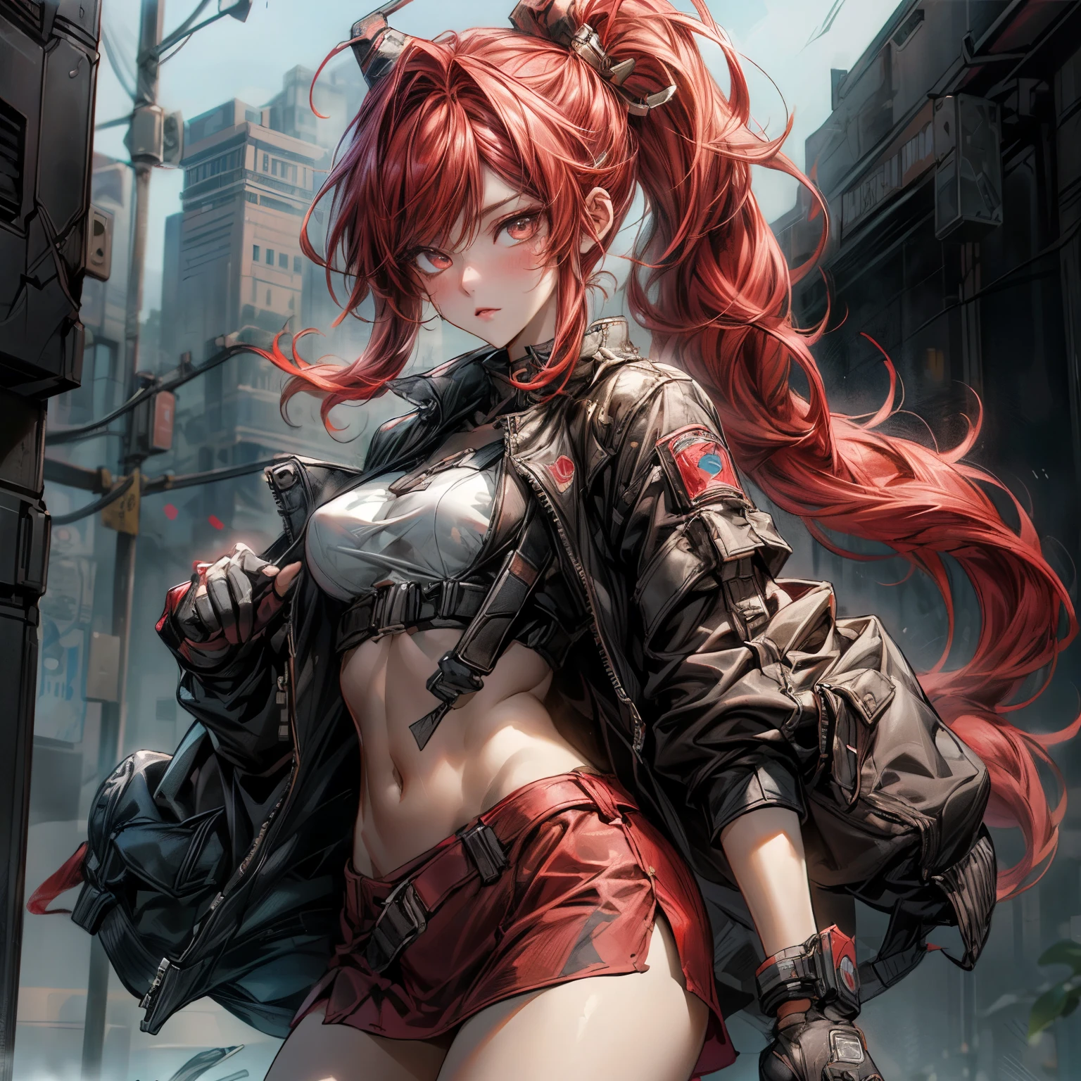((best quality)), ((Masterpiece)), ((Enrich the picture,Masterpiece level quality)), ultra background details, an image of a beautiful cyberpunk woman, mature woman, fierce woman, FBI uniform, หมวกตำรวจ, future theme, (( high ponytails, red hair)), golden eyes, sexy mini bikini, sexy black mini skirt, sexy jacket, ผู้คน, office, ตุ้มหู, headgear, gloves