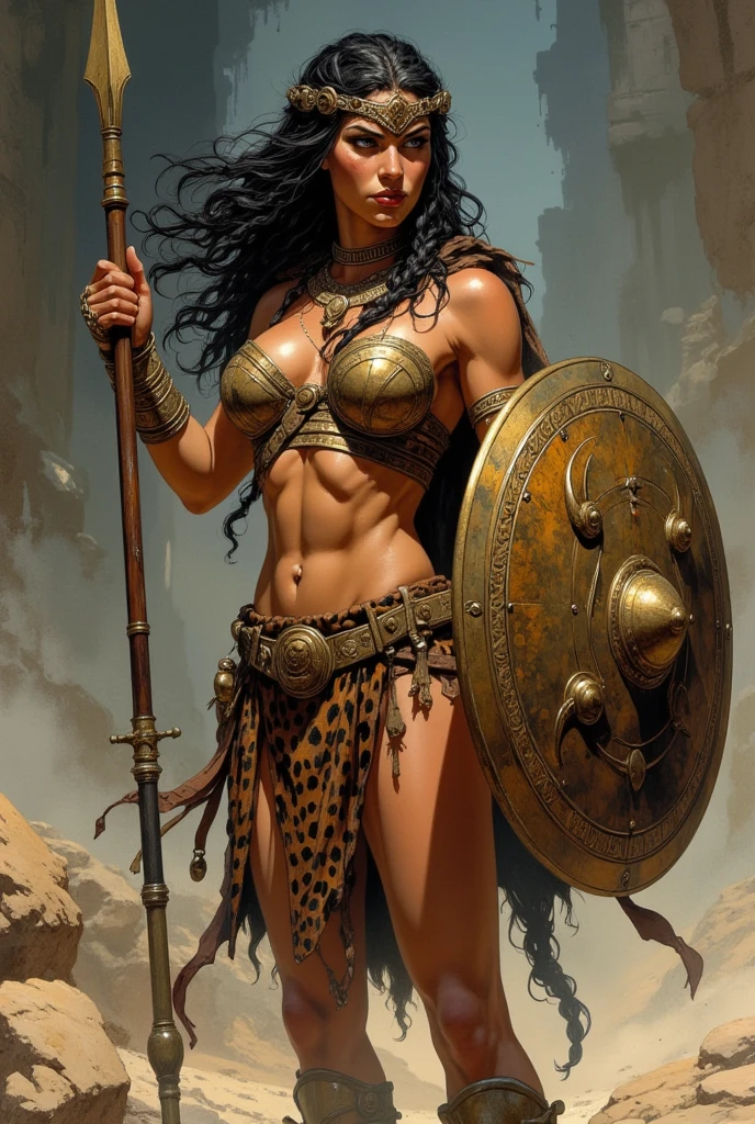 (masterpiece, top quality, best quality, official art, beautiful and aesthetic:1.2), (1girl:1.3), dark brown hair pulled back, topknot, braids, extremely detailed, portrait, looking at viewer, solo, (full body:0.6), detailed background, close up, facepaint, tribal tattoos, (warm summer desert theme:1.1), busty human barbarian queen, elegant face, long face, charlatan, smirk, mysterious, walking in savannah, revealing tribal attire, bare midriff, brown leather, fur lined clothes, long boots, buckles, straps, pouches, axes, tan fabric, brown leather, ((gigantic breasts, skindentation, cleavage)), muscular, strong, slim waist, slim hips, long legs, muscular legs, medieval (savannah exterior:1.1) background, dark mysterious lighting, shadows, magical atmosphere, dutch angle,