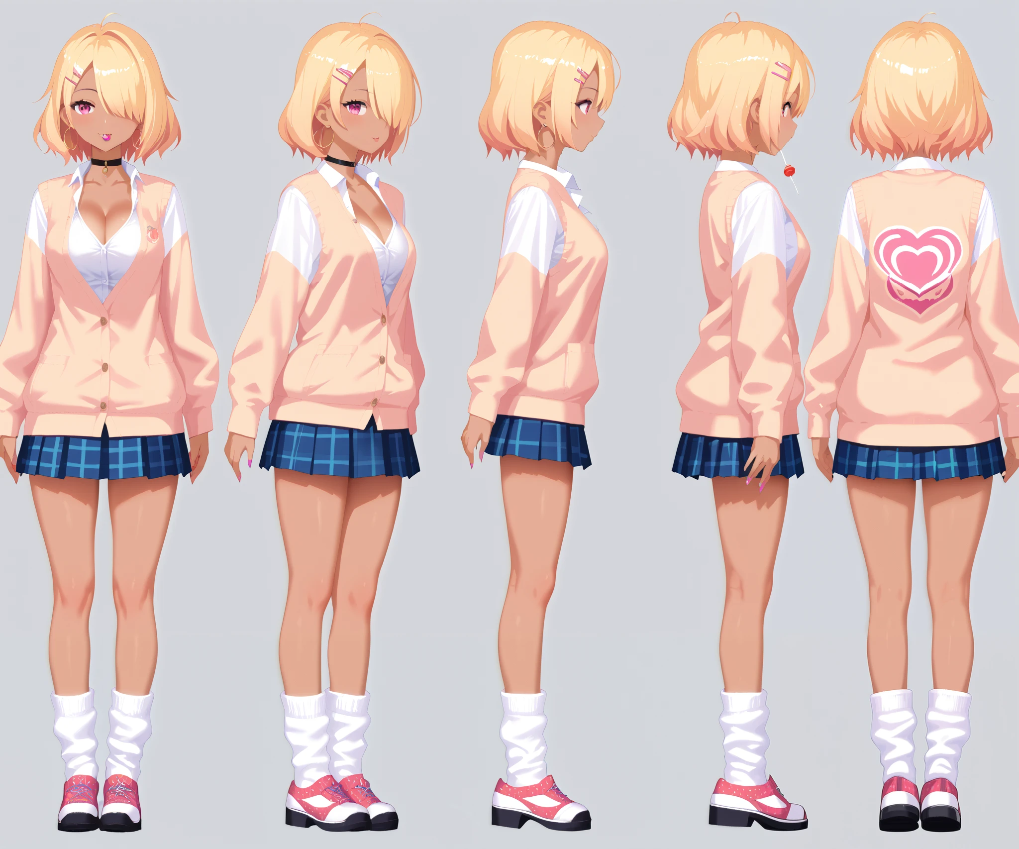 score_9, score_8_up, score_7_up, BREAK, imtdein, full body character turnaround of 1girl,Multiple views of the same character in the same outfit, simple background, white background, solo, pink eyes, plaid skirt, blonde hair, school cardigan, white shirt, choker, cleavage, hair covering left eye, short hair hair, hairclip, hoop earring, ((baggy HARAJUKU SOCKS)), lollipop, rating_questionable. #model sheet #consistent character #turnaround #multiview Gyaruu, tan, Gyaru