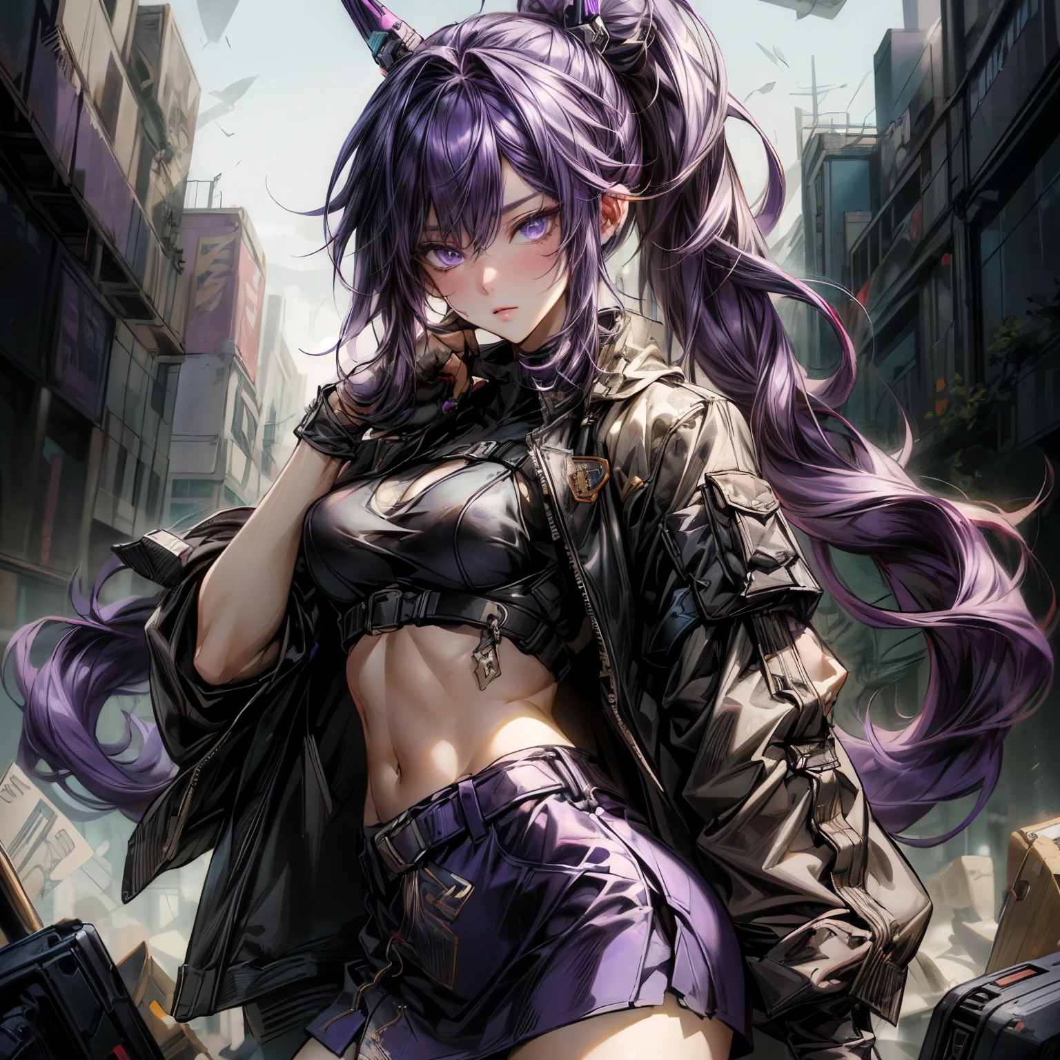 ((best quality)), ((Masterpiece)), ((Enrich the picture，Masterpiece level quality)), ultra background details, an image of a beautiful cyberpunk woman, mature woman, fierce woman, FBI uniform, หมวกตำรวจ, future theme, (( high ponytails, purple hair)), golden eyes, sexy mini bikini, sexy black mini skirt, sexy jacket, ผู้คน, office, ตุ้มหู, headgear, gloves