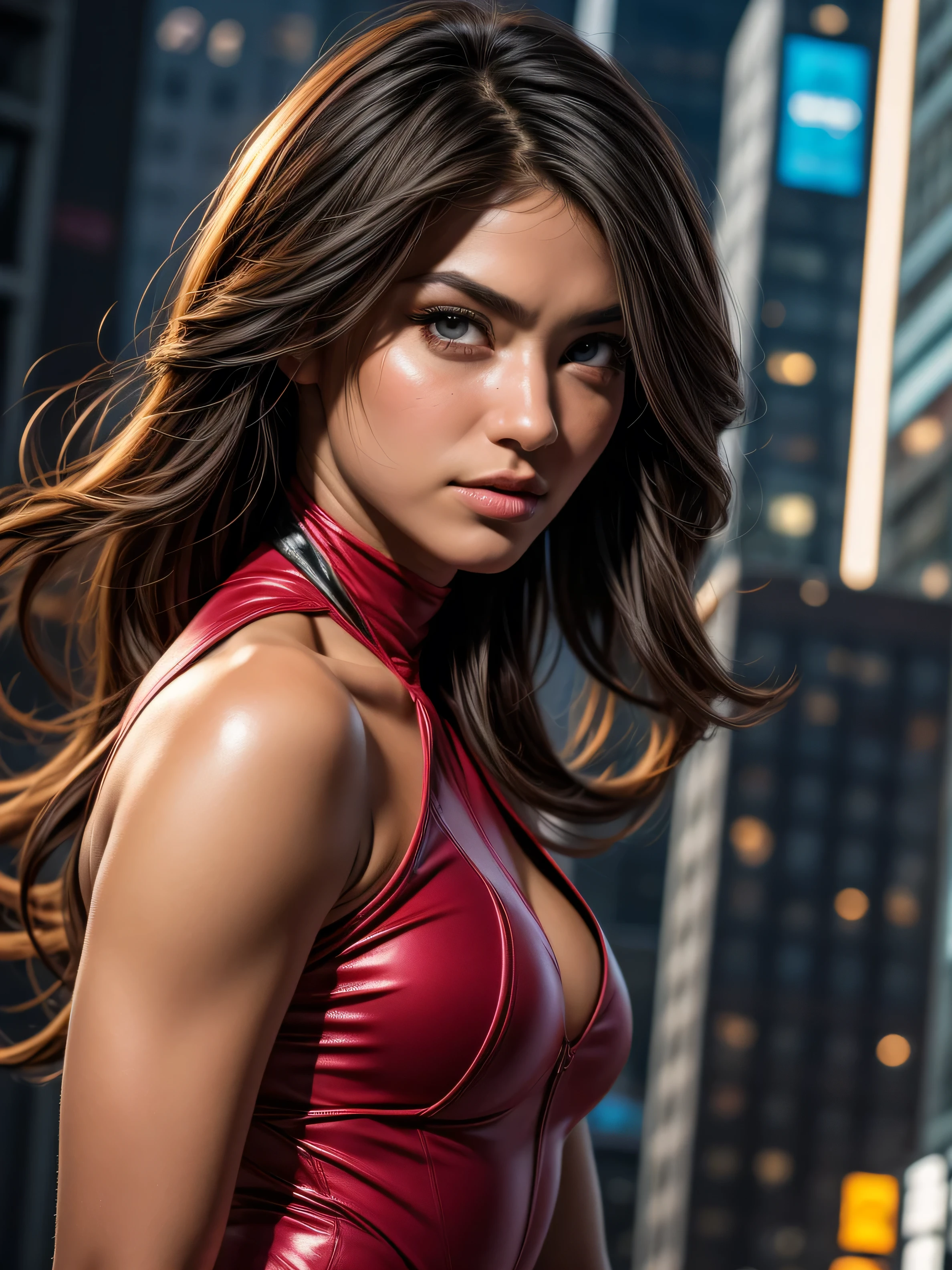 Anime style, (superhero woman), insanely beautiful, 21 years old, full body, top angle, body curves, superhero costume, skin tight outfit, bodystocking, smooth creamy skin, beautiful maroon eyes, Beautiful facial details, ((Manhattan background) )), low angle medium shot, greedy and attractive, amazingly euphoric gorgeous, vivid emotion, peach fluff, symmetrical circular iris, natural Glitter makeup, detailed moisture, detailed droplets, detailed intricate hair strands, DSLR, reflected in raytraced, Pino Deni, Larry's Bud Melmann, symmetrical face and body, CGsociety, Gottfried Hernwein and Irakli Nadal, eye reflections, focus, Unreal Engine 5,V-ray render, Organic rendering, VFX, film photography, dramatic lighting, extreme detail, Ultra HD, post-processing, post-production, single face, Tanvir Tamim, ultra-realistic photography, Shot with Hasselblad X1D-50c, ISO 100