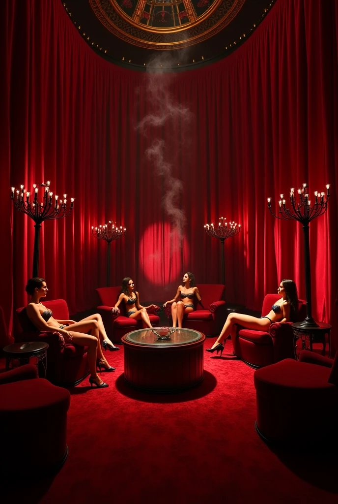 big luxury red room with curtains and huge round bed,2 elite prostitutes, elite clothes, elite makeup, smoke in air, vintage filter:1.4, grain:1.4