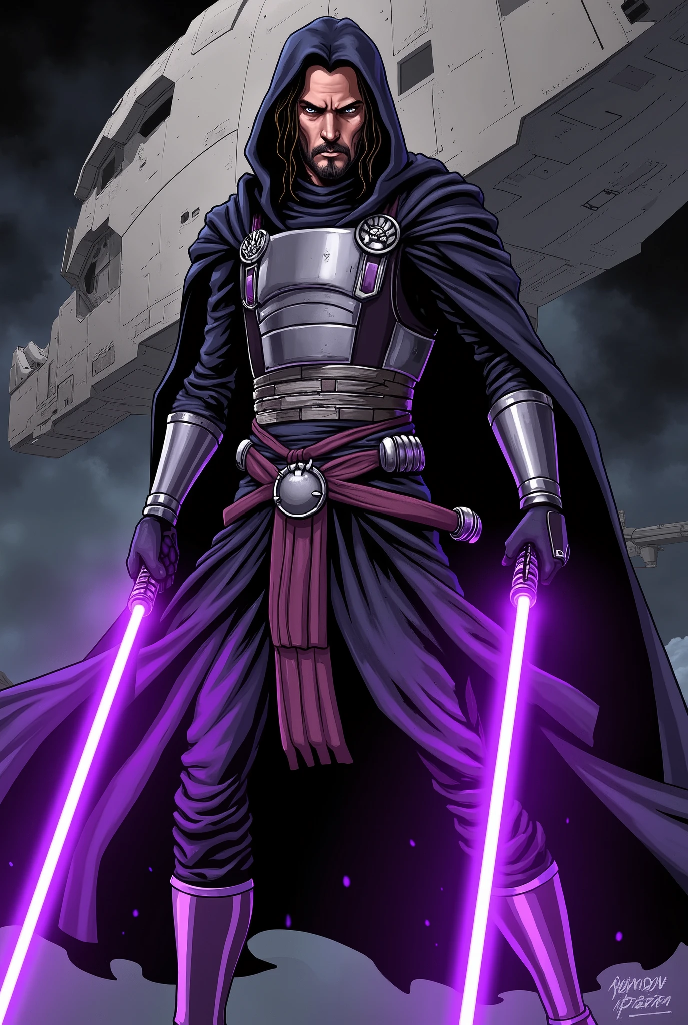 jedi, adult man, Jedi battle equipment, two purple lightsabers , light armor, dark eyes, slim muscular, Revan, keanu reeves, comics, comics art style, stately pose , spaceship background