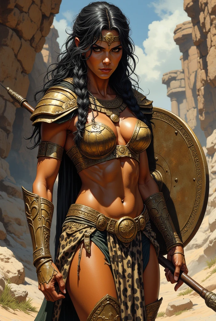 Une guerrière inspirée des mythiques amazone grecques seins nus vêtue seulement d'une peau de léopard. Elle a des brassards et des jambières de bronze et porte une bouclier en forme de demi-lune et une lance grecque. Elle a les cheveux noir corbeau coiffés en tresses sophistiquées. Sa peau est bronzée. Elle porte un casque de style grecque antique