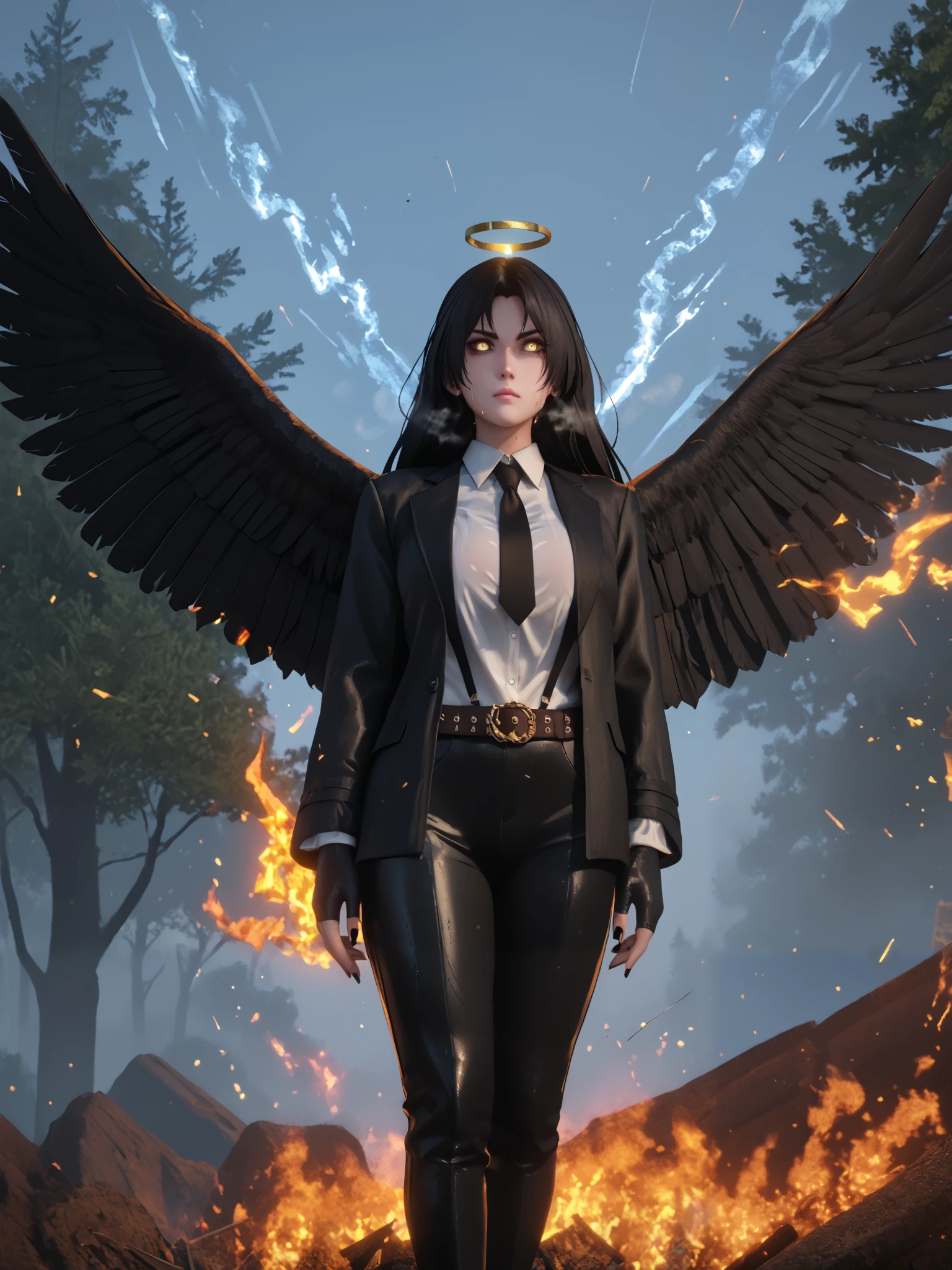 score_9, score_8_up, score_7_up, score_6_up, uncensored, dominique de sade, long hair, black hair, parted bangs, yellow eyes, BREAK UHD, retina, masterpiece, accurate, anatomically correct, textured skin, super detail, high details, high quality, award winning, best quality, highres, 4K, black nails, makeup, eyelashes, excessive sweating, sweating, sweating drop, (gasping, heavy breathing:1.3), (skindentation:1.2), perfect eyes, beautiful eyes, eyelashes, makeup, detailed body, perfect body, BREAK, 3d, cgi, ruanyi0539, fingerless gloves, fur coat, high heel boots, pearl necklace, slingshot swimsuit, BREAK, wings, solo, halo, necktie, fire, pants, shirt, formal, suit, white shirt, 1girl, belt, outdoors, glaring eyes, glowing, jacket, black pants, sky, black necktie, collared shirt, feathered wings, burning, black jacket, long sleeves, closed mouth, angel, blue fire, tree, standing, hollow eyes, glow effect, large breasts,