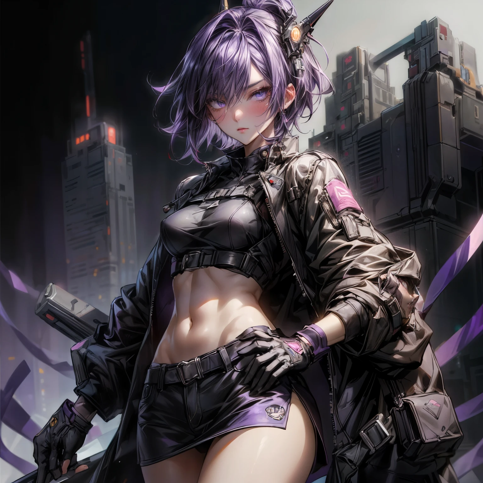 ((best quality)), ((Masterpiece)), ((Enrich the picture，Masterpiece level quality)), ultra background details, an image of a beautiful cyberpunk woman, mature woman, fierce woman, FBI uniform, หมวกตำรวจ, future theme, (( short hair, purple hair)), golden eyes, sexy mini bikini, sexy black mini skirt, sexy jacket, ผู้คน, office, ตุ้มหู, headgear, gloves