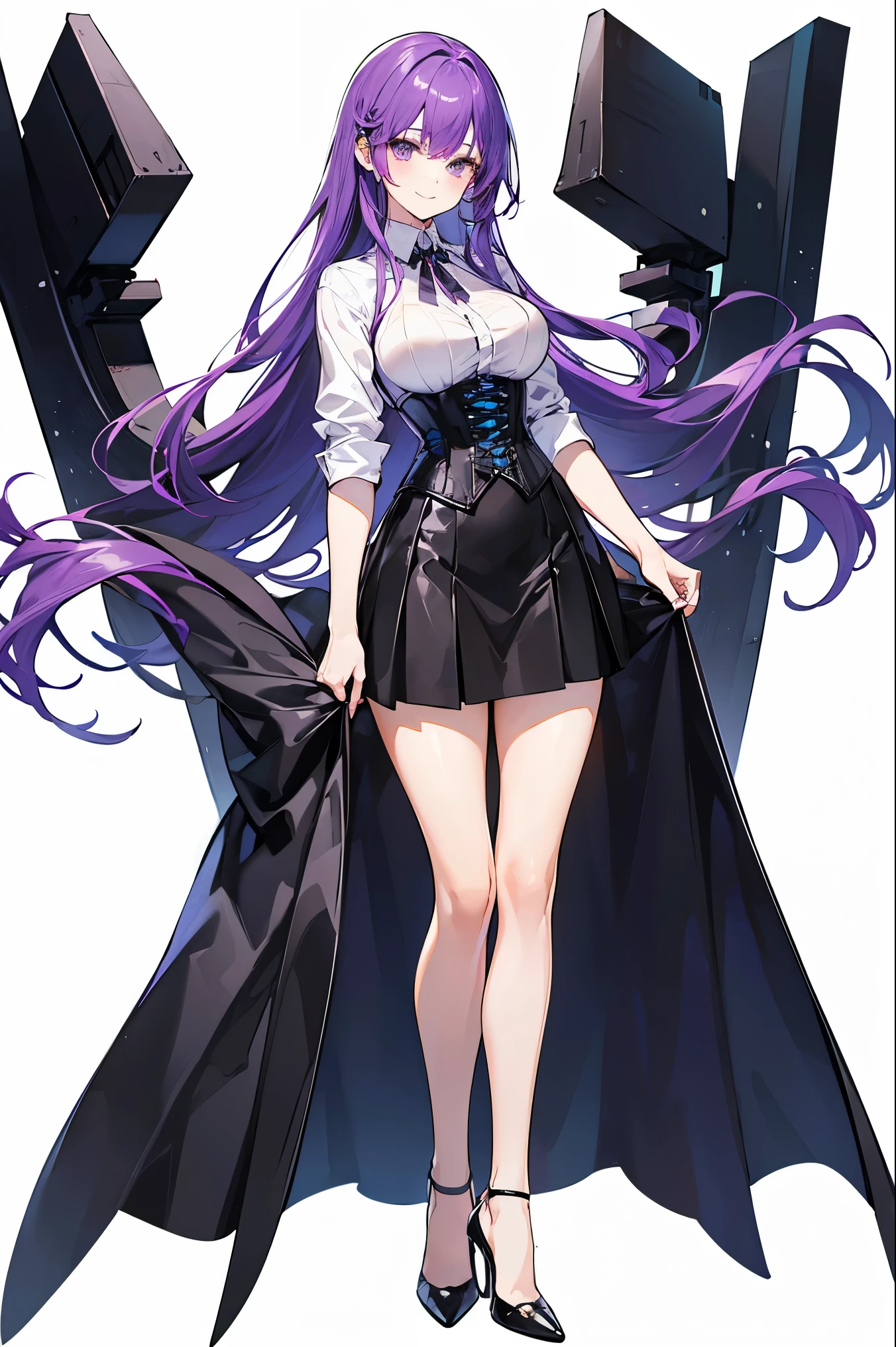 Purple Hair,long hair,Adult female,(suit),White Y-shirt,((Rolling up his sleeves)),(corset),(Black tight skirt),(High heels),Heels are visible,((Simple white background)),smile,((whole body)),((full body)),