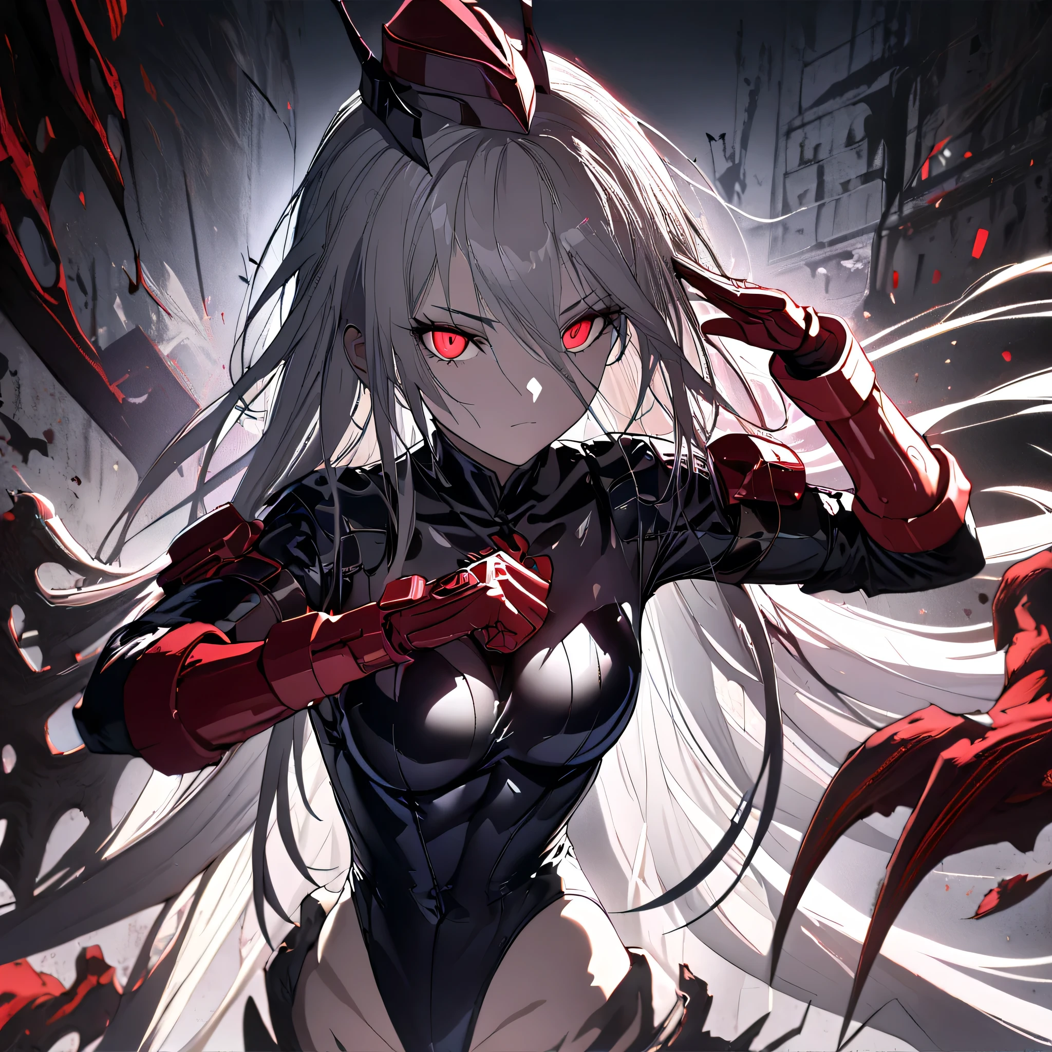 anime, (masterpiece), (best quality), (ultra-detailed), (best illustration), (best shadow), (absurdres), (detailed background), (very aesthetic), shiny, detailed beautiful eyes, outstanding, countershading, detailed soft lighting, an exquisite animation illustration, 1girl, solo, anheang, Dollsuit, thighthigh, dark persona, empty eyes, expressionless, blank eyes, looking at viewer, red gloves, full body, emotionless, Fighting Stance, hair ornament, medium breast, submissive pose, seductive pose, fleurdelis, despian luluwalilith, silver hair, red eyes, long hair, horror \(theme\), dark theme, single claw wing, salute, saluting,