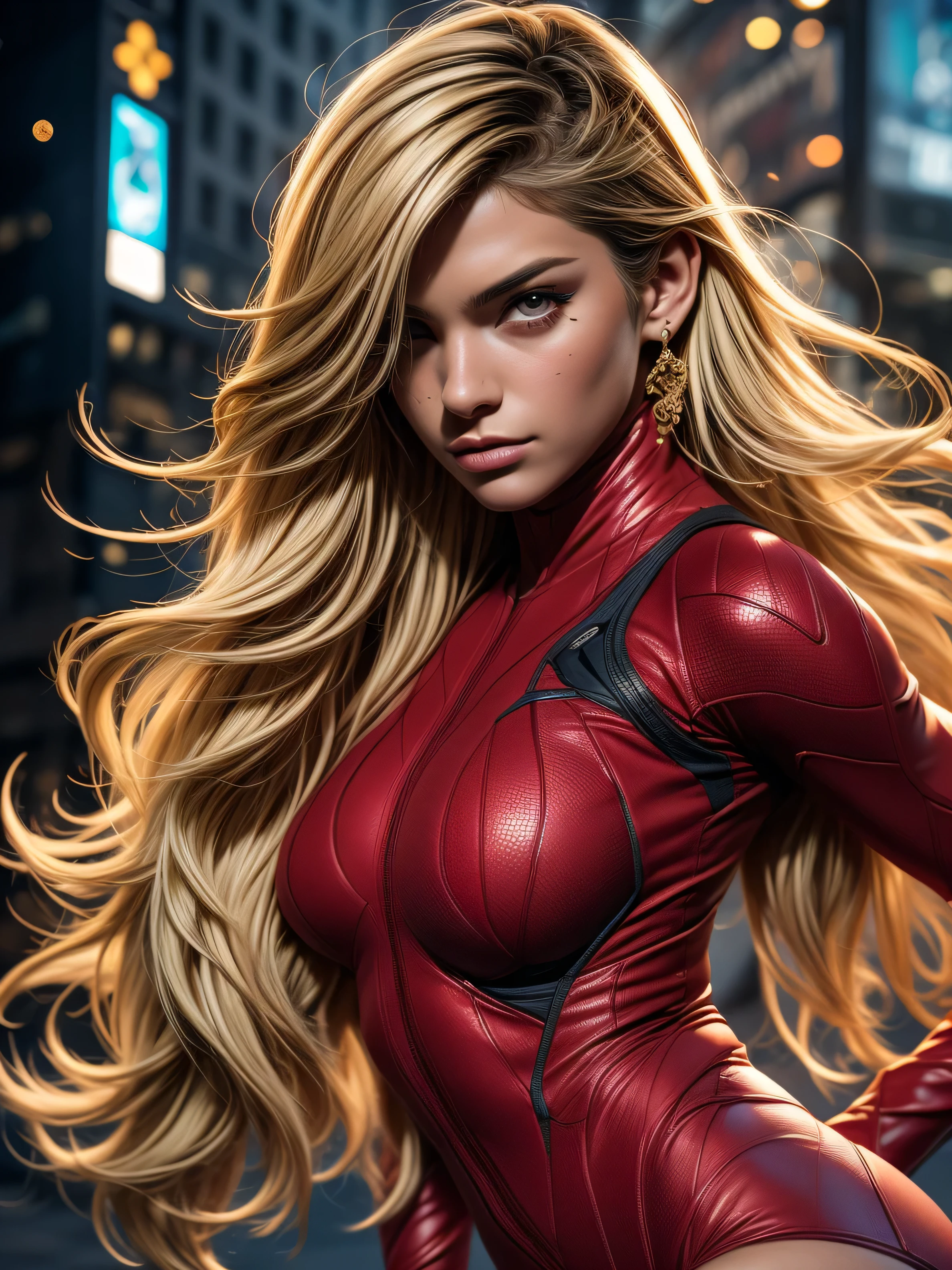 Anime style, (superhero woman), insanely beautiful, 21 years old, full body, top angle, body curves, superhero costume, skin tight outfit, bodystocking, smooth creamy skin, smooth and extremly detailed human skin, beautiful maroon eyes, Beautiful facial details, ((Manhattan background) )), low angle medium shot, greedy and attractive, amazingly euphoric gorgeous, vivid emotion, peach fluff, symmetrical circular iris, natural Glitter makeup, detailed moisture, detailed droplets, detailed intricate hair strands, blonde hair, DSLR, reflected in raytraced, Pino Deni, Larry's Bud Melmann, symmetrical face and body, CGsociety, Gottfried Hernwein and Irakli Nadal, eye reflections, focus, Unreal Engine 5,V-ray render, Organic rendering, VFX, film photography, dramatic lighting, extreme detail, Ultra HD, post-processing, post-production, single face, Tanvir Tamim, ultra-realistic photography, Shot with Hasselblad X1D-50c, ISO 100