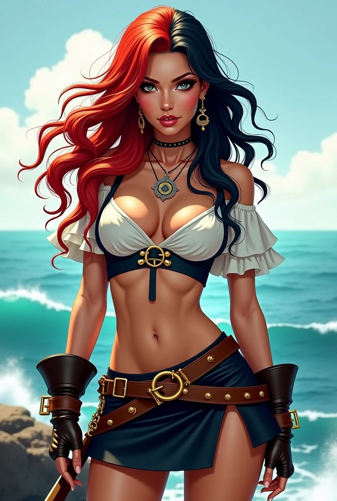 mulher inglesa,1 cinta,Adorable and Cute Fas,28 anos,red hair,Caudas duplas, Practical pirate clothing, (Top pirata de manga comprida), saia,torn pirate hat, Ver o visualizador, fantasia,(navio pirata),Cinematic lighting,master part,