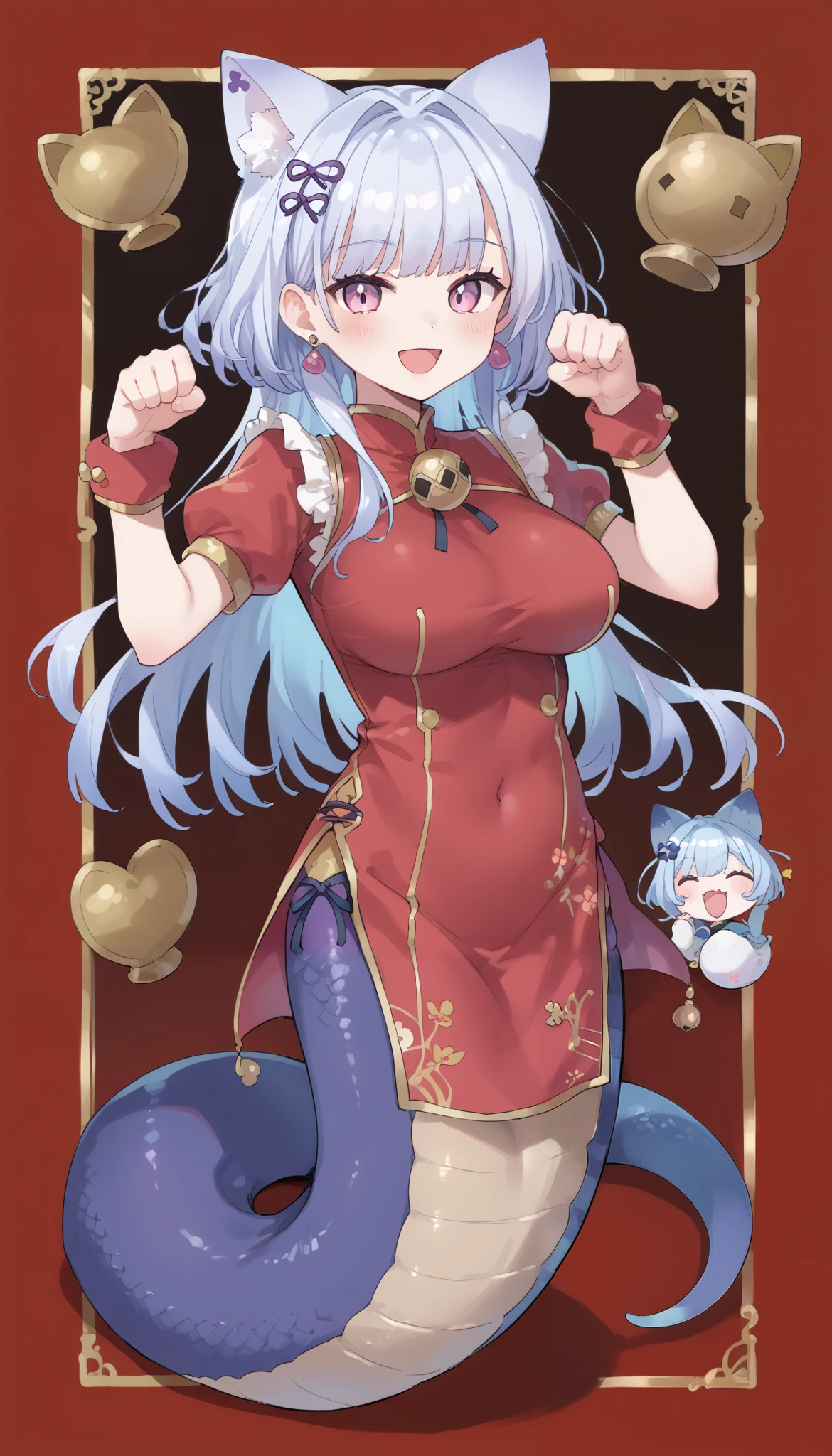 (Fraction_9:0.9),Fraction_8_up,Fraction_7_up,grade_of, Japanese Cartoons _style,(pdxl),(pdxl3),((独自of)), ( masterpiece),( Best Quality),(完整of五根手指), malicious chess piece Cheshire Cat, 1 Girl, 独自of, 分离of袖子,  red cheongsam,Smile, earrings, Paw pose,  looks at the audience, open mouth ,  blush,  Big Breasts ,lamia,紫色of蛇女尾巴,Full body picture
