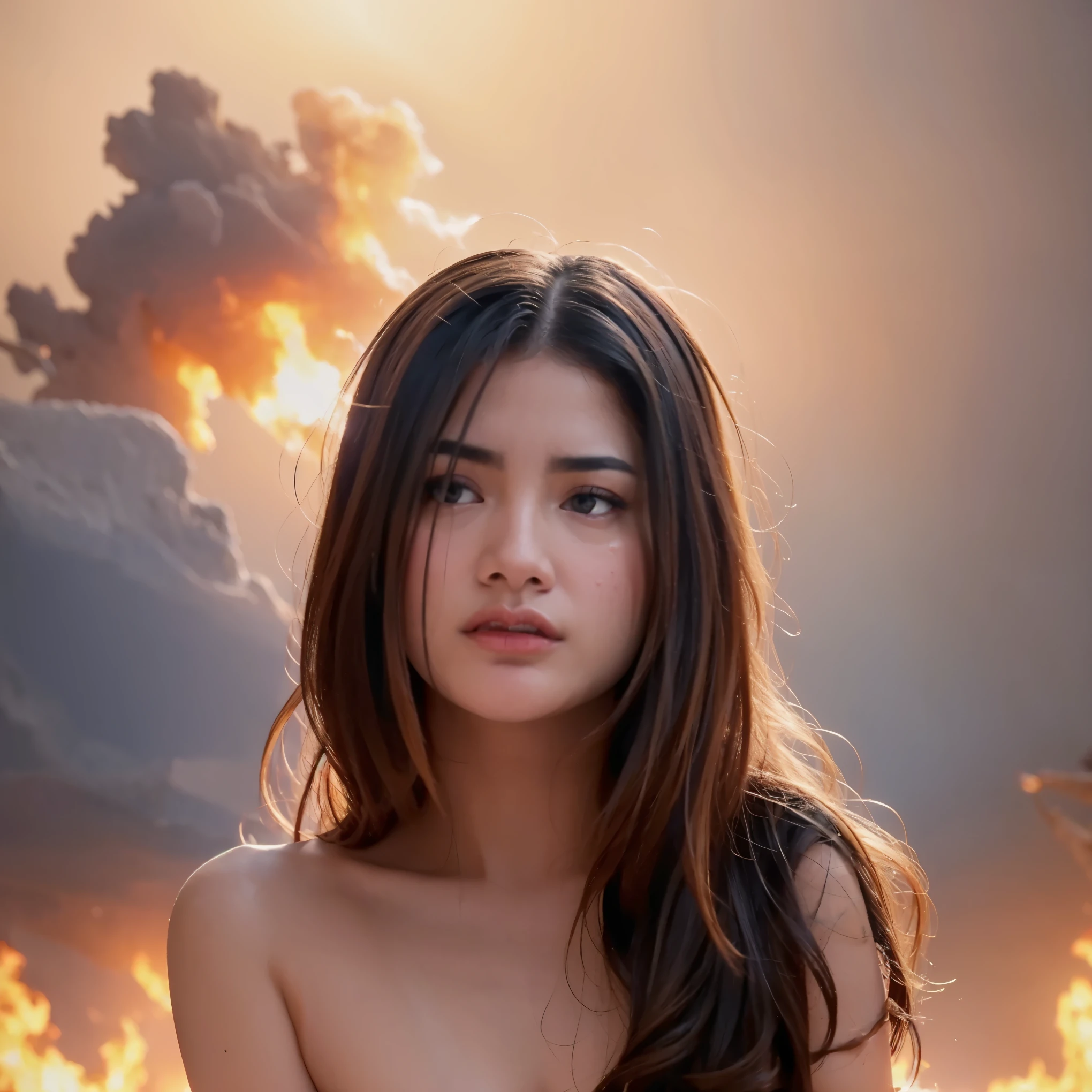 (masterpiece, best quality:1.2, 8k RAW photo, photorealistic, cinematic), (Naked, nude, medium breast), A bare naked girl on her knees along with the sadness on the face, war scene, sorrounded by male armies, fire smokes everywhere, dead bodies of warriors spread everywhere, smoke bombs, tears, red sad sky, background dark red, hopeless, cinematic art effects, 8K rendered by AMD FidelityFX Super Resolution 3.