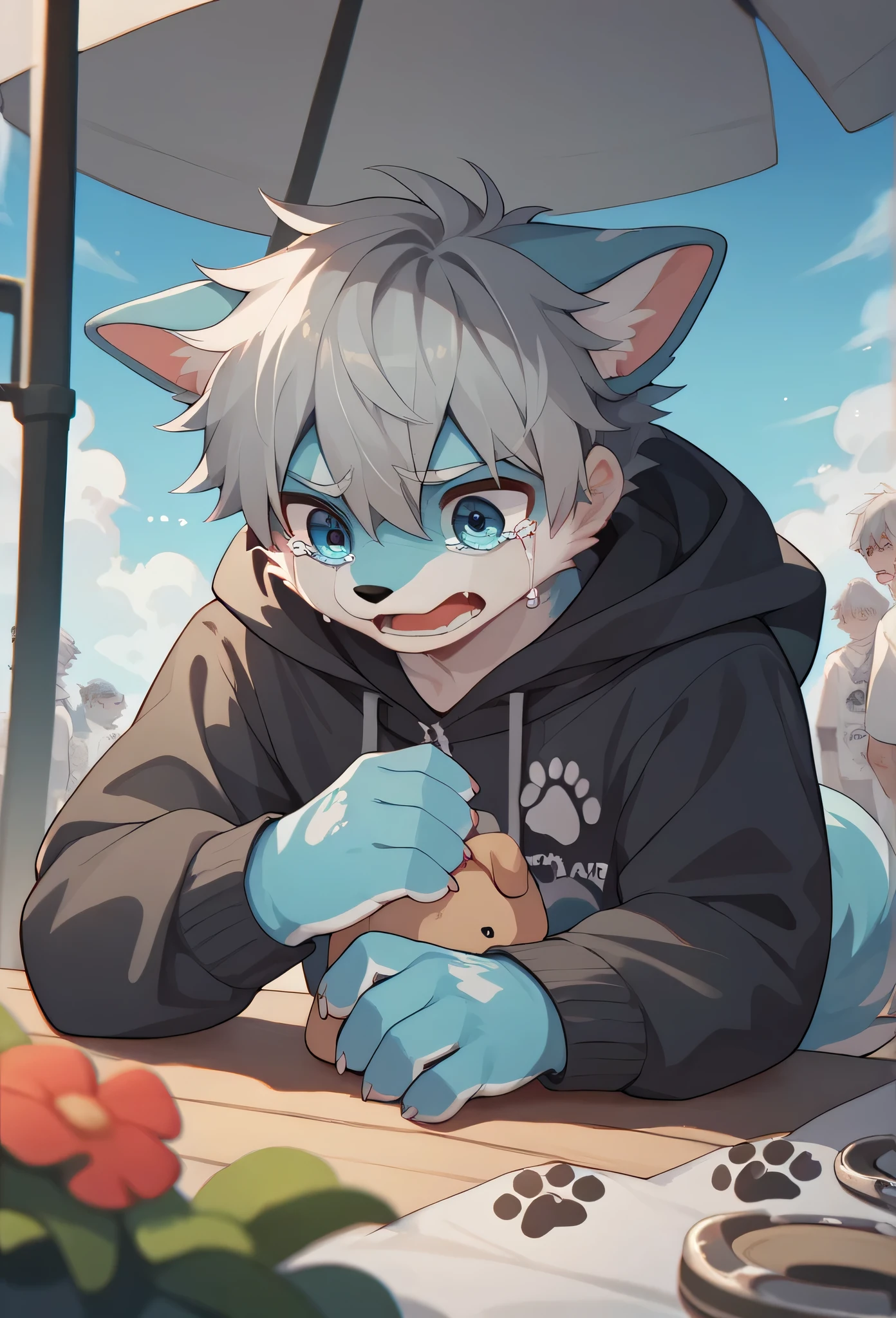 (Light blue fur,Gray Hair,)participate,Footprint clothes,hoodie clothes,Dog,cry,Cry loudly,Tears galore,(Light blue fur,Gray Hair,boy )(Sky Blue Fur,Gray Hair女の子)