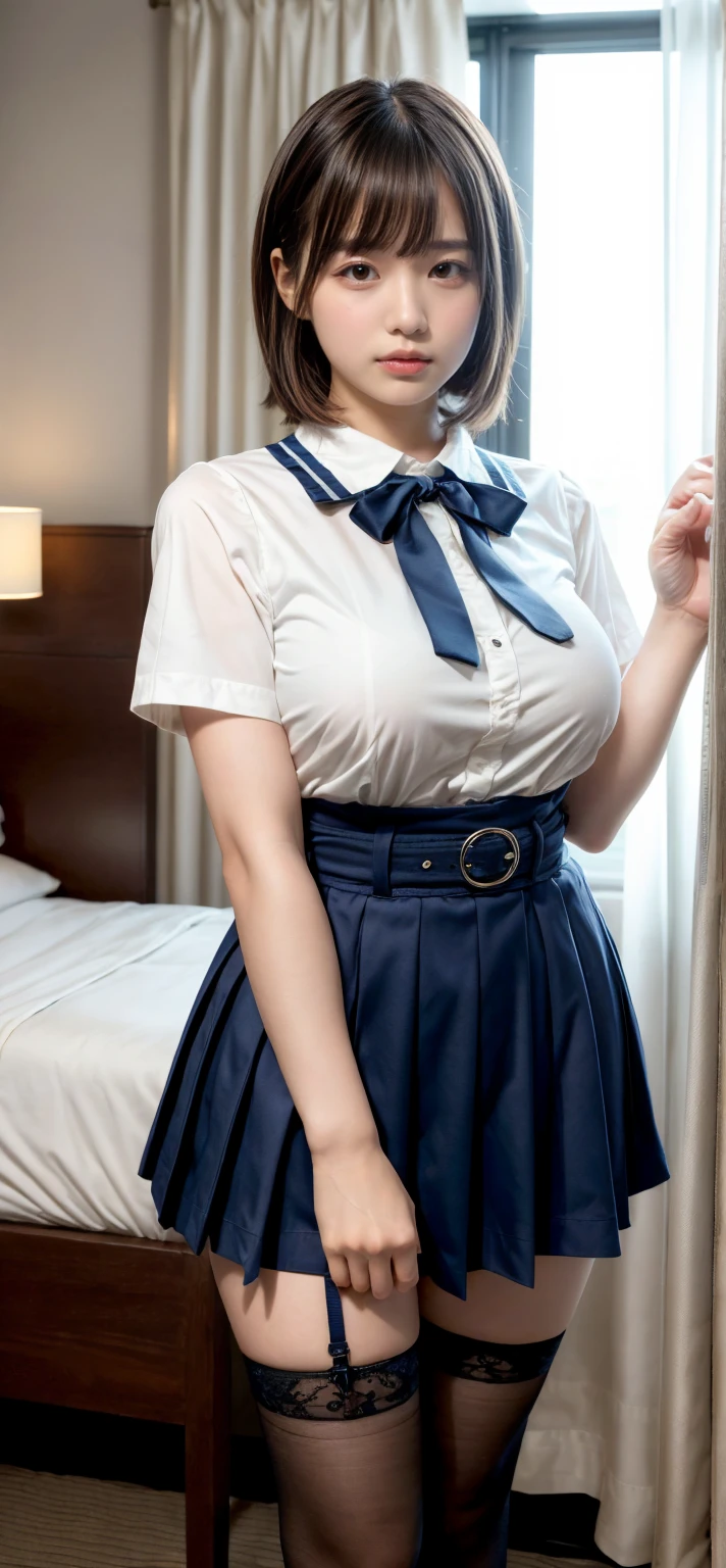 Open your crotch, show your dark blue bloomers, open your legs, dark blue bloomers that you can see from your open legs, sit deeply, more big, bra through your white uniform,