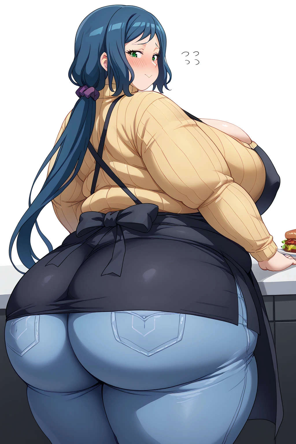  Iori Rinko, Rinko Iori,  long hair、紺色の髪、low ponytail,Purple scrunchie、 green eyes、 black apron, yellow sweater、 Turtleneck, light blue jeans,Turn your backside to the screen,Sluggish Butt Meat ,ass cleavage,gigantic breasts,enormous breasts,Sloppy belly fat,Cashier, embarrassed expression, troubled expression,blush,milf,Middle-aged women,Severe obesity, Fat face,weight 250kg, score_9,  score_8_ up、 score_7_ up、 score_6_ up、 score_5_ up、 score_4_ up、 Masterpiece、 best quality , A beautiful woman with an obese figure,  absurd、 source_Anime, Anime screencap,  one woman、Alone、 personal  、Super huge breasts, Super huge clitoris、Super huge, Super huge boob, curved 、 wide hips、 cowboy shot 
