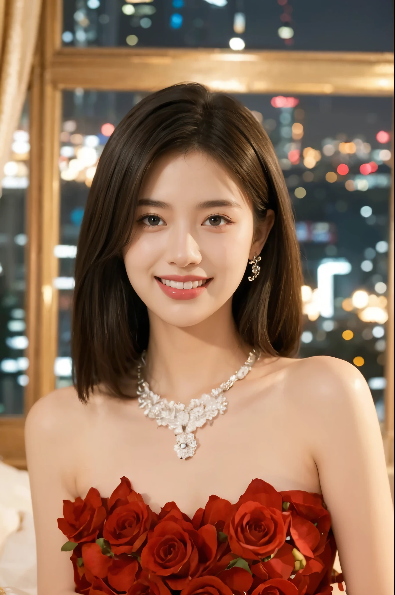 An image of beautiful lady happy eyes smiling, wearing diamond earrings 