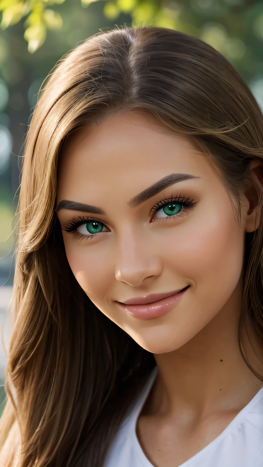 beautiful woman , long brown hair , shiny green eyes , realistic, masterpiece , detailed high, 4K, Parks fund, detailed high light, little smile, white skin
