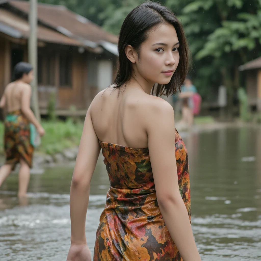 ((Best Quality, 8K, Masterpiece:)), Focus, realistic, A stunning high-resolution, vibrant photograph of 13 old young indonesian girl wear towel wrapped over bodies, smiling,sexy aura, erotic mood,at big river, surrounded bu men, multiple men,realistic photo, full body shot,The background is slightly blurred to keep the focus on her, creating a beautiful bokeh effect. soft sunlight filtering through, realistic fingers, towel,