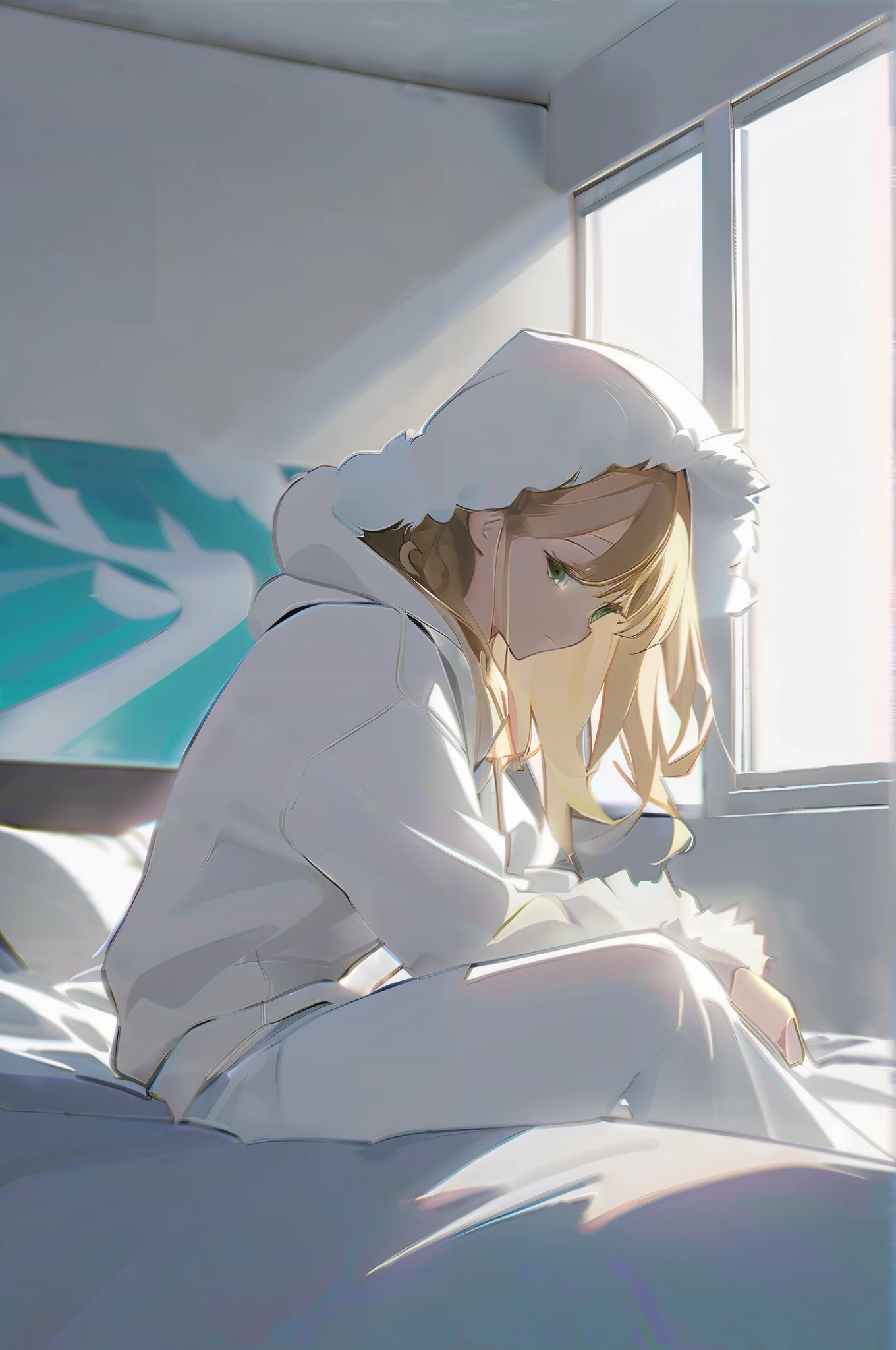 最 High Quality , High Definition Model, High Quality , Anime reminiscent of Makoto Shinkai
1 beautiful girl、( tea hair)、((( Fluffy White Hoodie Setup )))、(White long pants)(( hood that looks like a tsundere))(( sitting on top of a bed))
White Modern Stylish Room 、 beautiful