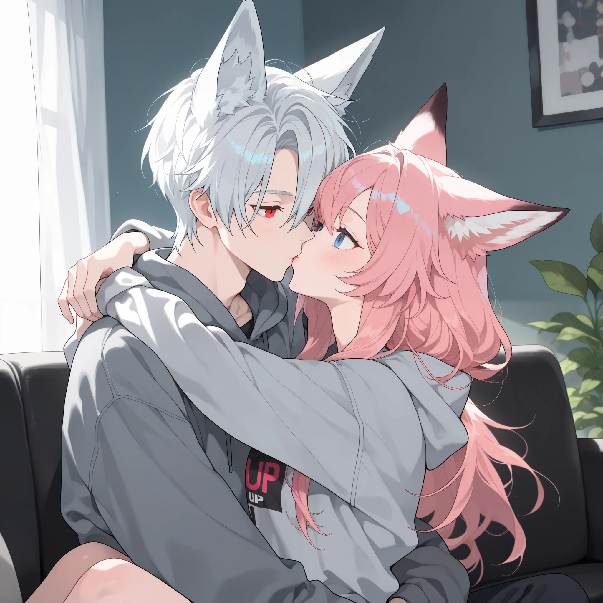 2 characters, ((First female, Long pink hair, Fox ears, Blue eyes)), Long gray hoodie, ((Second Male Short white hair, Fox ears, Red eyes)), Black long boodie, Livingroom, Sitting on a couch, Sitting on lap, Holding arms around neck, Kissing