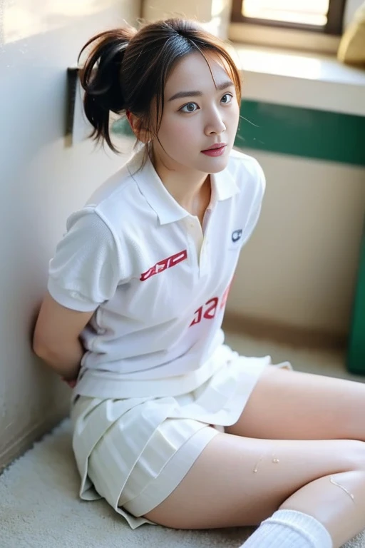 ((top-quality)),(masterpiece:1.4),Raw photography,8K,((Top image quality)), ((Top resolution)),Beautiful face in every detail,Very detailed,Gentle expression,(One lady:1.3 ),realisitic,photo realisitic,(Bery short hair:1.4),(Beautuful Women),(cute Japanese girls:1.3),(mannish),((Pretty Woman)),(Beautiful hair),((dark brown hair)),(((Red cheeks))),((Her eyes are big)),20-year-old beauty,(her face is small:1.7),small head,((long neck)),pale skin,Spot-free skin,With bangs,Everyone longs for,Japanese Beautuful Women,(eight heads tall),((basketball uniform,red uniform,skinny body,sweat)),seductive smile,Squatting,physical education class, at the gym, Sports warehouse
