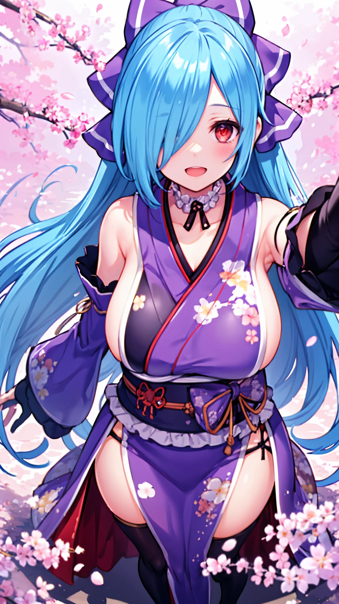 masterpiece, best quality, (1girl, solo),
yamato iori, 1ung_teirl, virtual youtuber, solo, gloves, bow, hair bow, long hair, hair over one eye, thighhighs, blue hair, fingerless gloves, red eyes, japanese clothes, full body, detached sleeves, ponytail, looking at viewer, black gloves, very long hair, (heavy&soft_large_breasts:1.4), purple bow, kimono, smile, open mouth, transparent background, standing, sash, obi, purple kimono
blush,cherry blossoms,
( outdoors, forest, upper body, dynamic pose, looking at viewer, ),plump,raise_arms,