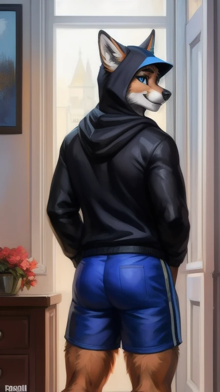 by personalami, by place, by kenket, by taran violinist, male, alone, antro (fox), (fnaf), (sly), Adult, Photorealistic, Hyper realistic, ultra-detailed, natural pose, (muscular, burly), (( run)), ((safety short hoodie:1.2)), (furry), ((butt view)), (detailed background, hallway), ((mature male)), father figure, mature male, hunk , daddy, dilf, ((highly detailed clothing)), ((Highly detailed tail)), ((from behind)), ((highly detailed skin texture)), ((highly detailed hands)), ((highly detailed hands) well drawn)), ((down hoodie)), ((very detailed lighting)), ((natural lighting)), ((black boxers)), ((security guard cap)), ((Night )), ((dark)) A semi-medium long flaccid penis with foreskin visible, testicles,