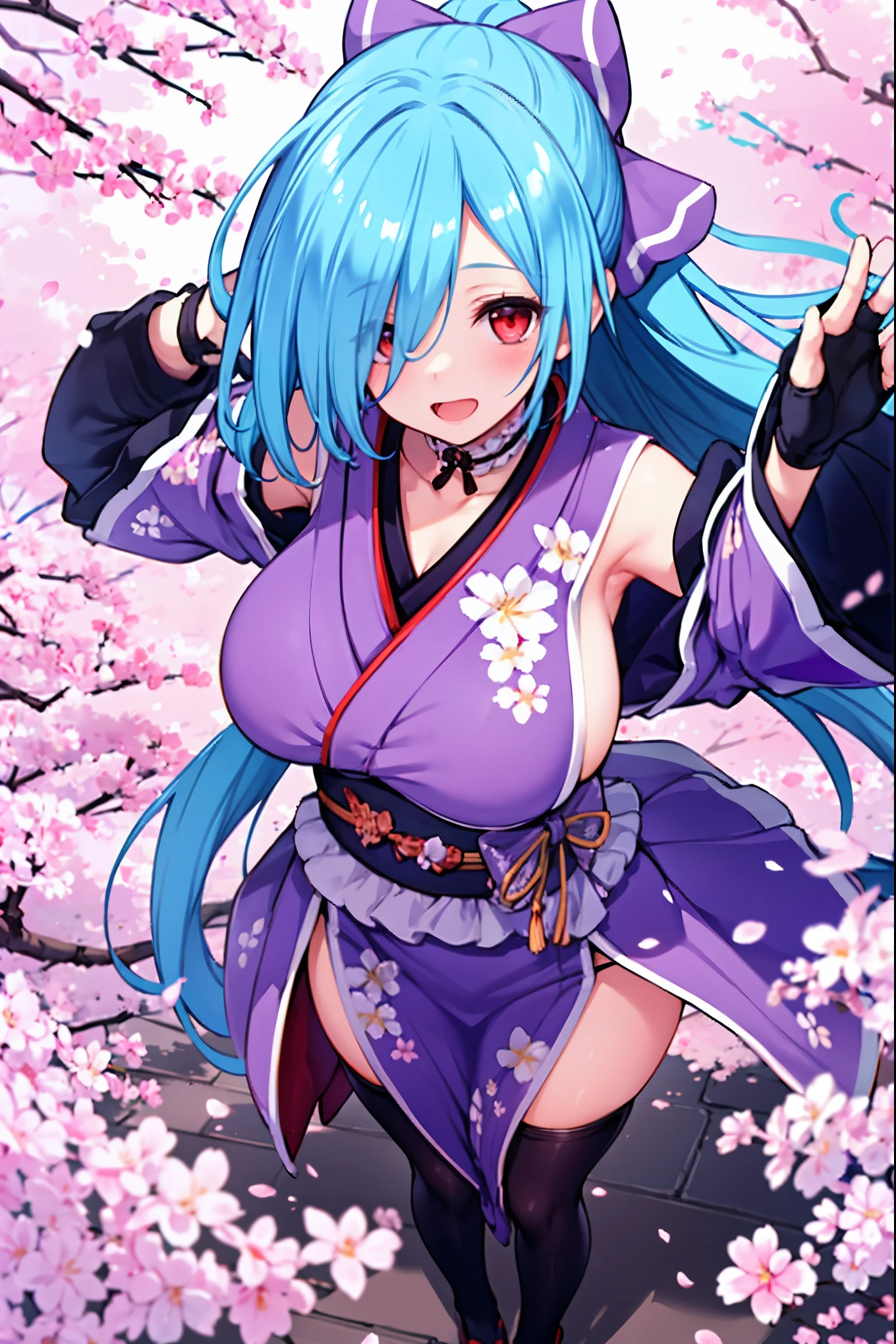 masterpiece, best quality, (1girl, solo),
yamato iori, 1young_teen_girl, virtual youtuber, solo, gloves, bow, hair bow, long hair, hair over one eye, thighhighs, blue hair, fingerless gloves, red eyes, japanese clothes, full body, detached sleeves, ponytail, looking at viewer, black gloves, very long hair, (heavy&soft_large_breasts:1.4), purple bow, kimono, smile, open mouth, transparent background, standing, sash, obi, purple kimono
blush,cherry blossoms,
( outdoors, forest, upper body, dynamic pose, looking at viewer, ),plump,raise_arms,