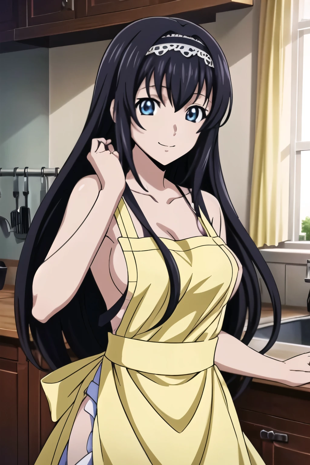  1 girl, cute, black long hair,  (naked apron), (kitchen), (Anime style, masterpiece, best quality , High Resolution , anime color , Anime style, animated key visual , sharp, 8k, realistic), ( beautiful eyes:1.5), ((hair band)), smile digital animation art!!, anime style, Official Artwork , visual novel CG, from side