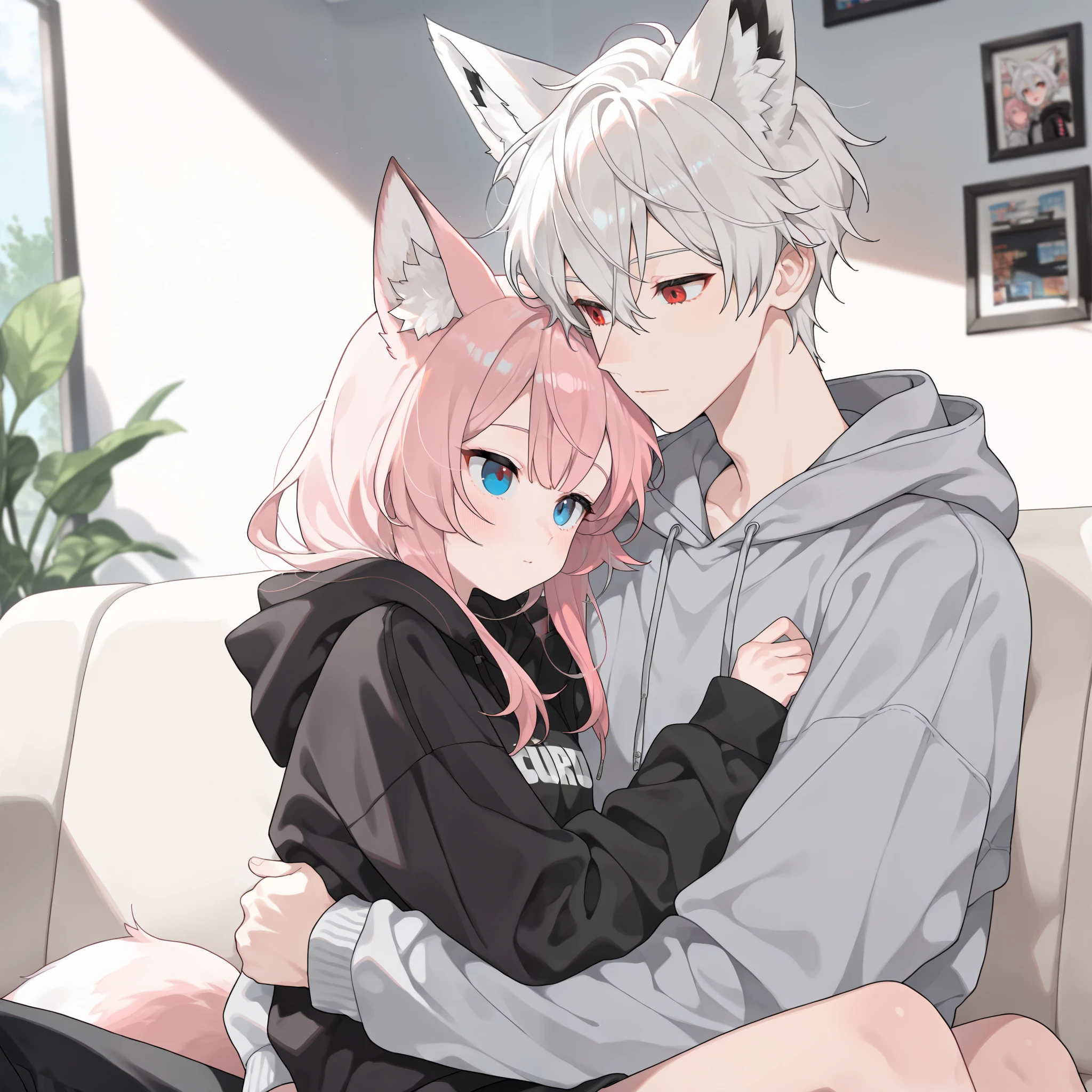 2 characters, ((First female, Long pink hair, Fox ears, Blue eyes)), gray hoodie, ((Second Male Short white hair, Fox ears, Red eyes)), Black hoodie, Livingroom, Sitting on a couch, Sitting on lap, Cuddling