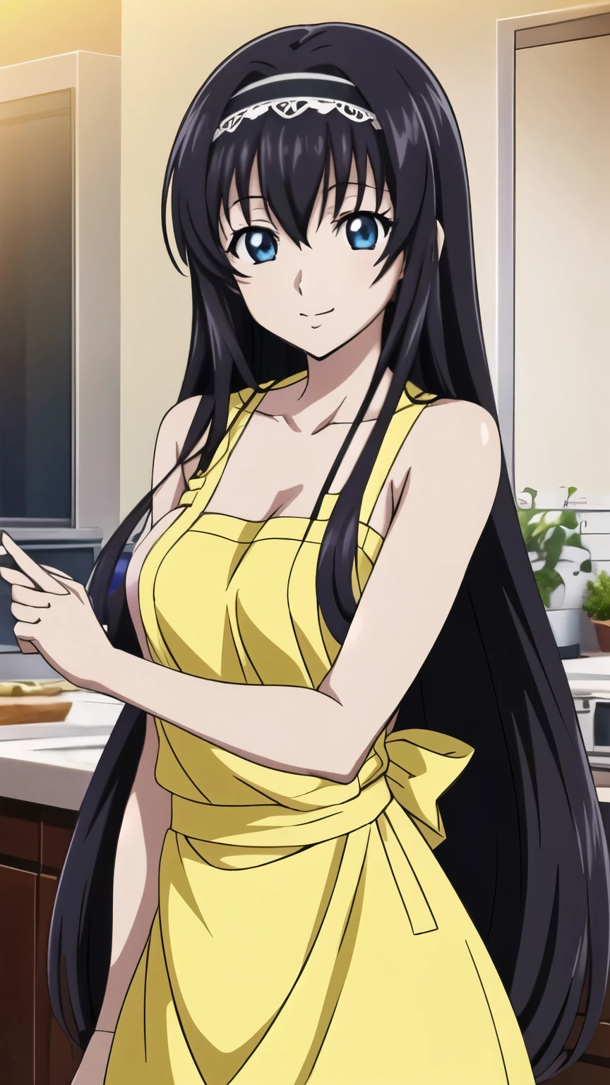 1 girl, cute, black long hair, (naked apron), (kitchen), (Anime style, masterpiece, best quality , High Resolution , anime color , Anime style, animated key visual , sharp, 8k, realistic), ( beautiful eyes:1.5), ((hair band)), smile digital animation art!!, anime style, Official Artwork , visual novel CG, from side, beautiful hip