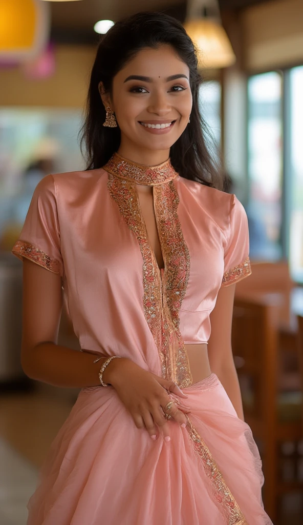 Half-length glamour portrait, nikon D850, f1.6 lens, 200mm, DSLR, 22 Megapixels, (((Charming hotel with lush garden scene))), shot of a stunning 20 years old portuguese girl, (smile:1.4), (wearing amaranth pink satin blouse with Pastel orange wide linen trousers:1.6), ((seductive pose)), hot girl, (((big natural breasts))), (((brown ponytail hair))), (small girl), symmetrical face, photorealistic, photography, (bright natural lighting), gorgeous, deep cleavage, (masterpiece), best quality, high resolution, extremely detailed, cinematic lighting, (((very narrow waist))), rich colors, hyper realistic, lifelike texture, ((jewelry)), (((She has beautiful hands and wears rings))), (bracelet), (necklace), (ankle chain), (nail polish) (earrings), Fuji Superia 200, 8k