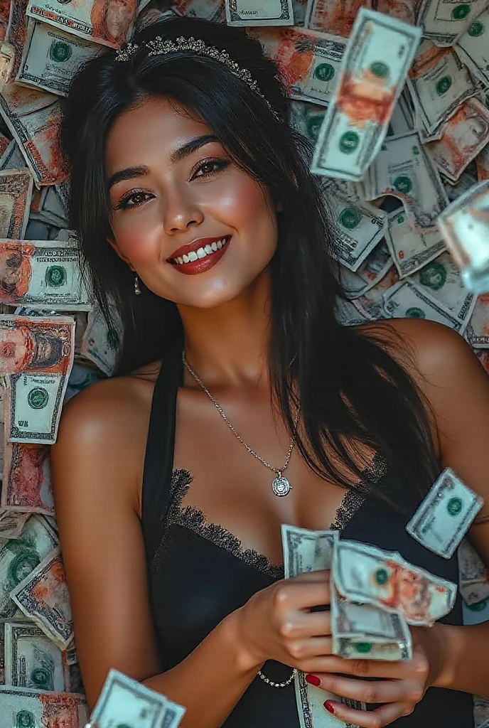 bearded woman beautiful shaggy beard, black hair, brown eyes, eyeliner, proud smile, seductive look, hold a load of dollar bills