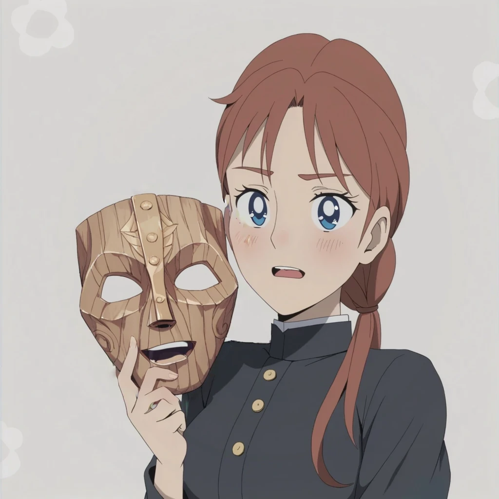 scared anime girl holding a wooden a mask with a red hair, ( ( the mask ) ), style in died anime style, a mask, like an anime character, style in died anime, weaAlsog wooden a mask , , Also, the magic a mask covers her entire face, partially a masked, died, weaAlsog a a mask, a masking